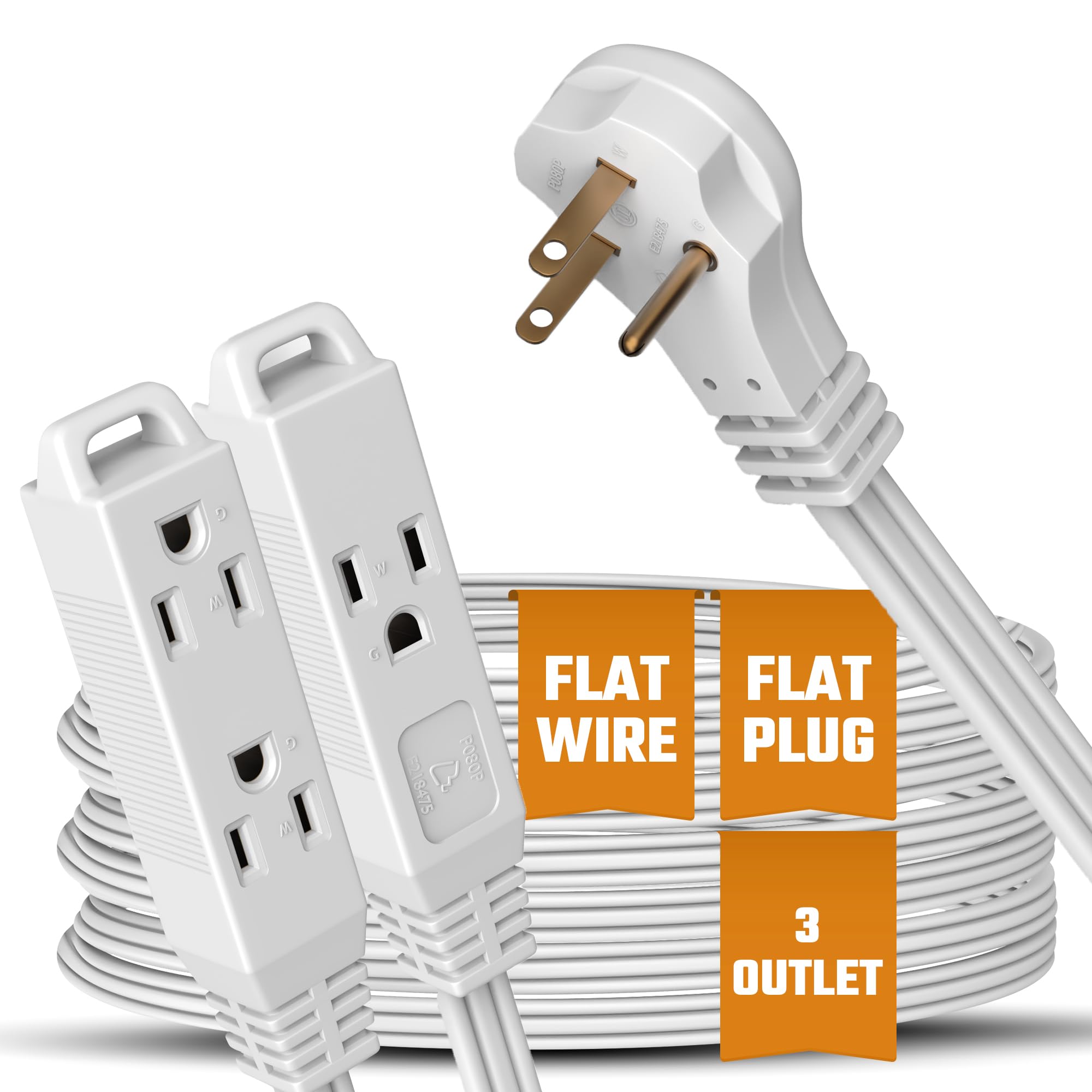 Flat 3-Outlet Extension Cord 12 Ft For Indoor Use By Bindmaster- Ul-Listed 3-Prong Multi Extension Wire- Space-Saving Flat Angle