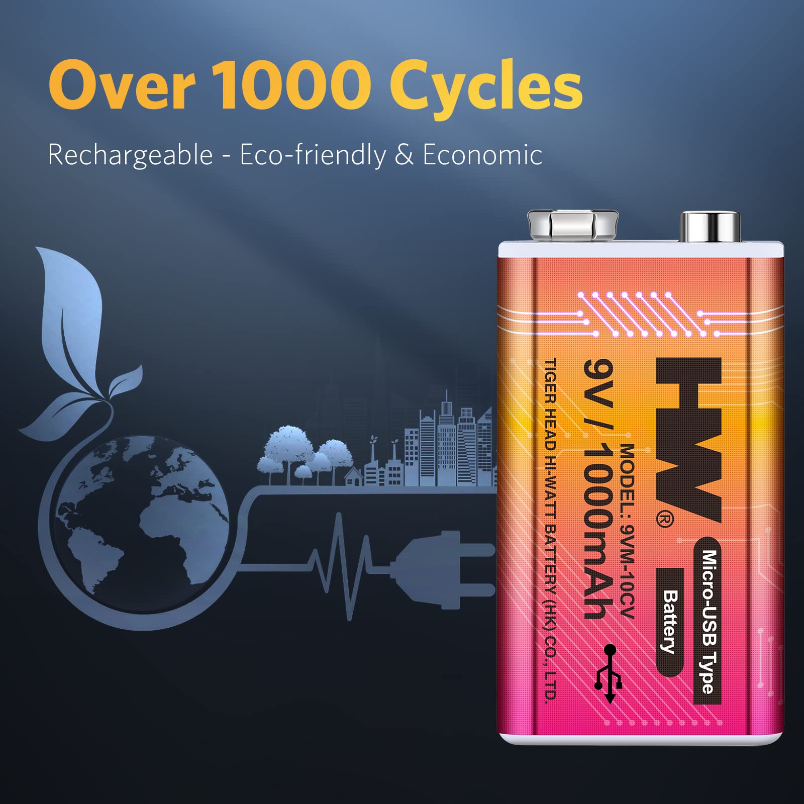 Hw 9V Li-Ion Rechargeable Battery, 9 Volt/1000Mah(9000Mwh) Long Lasting Rechargeable Batteries With Micro-Usb, 1000 Cycles Charg