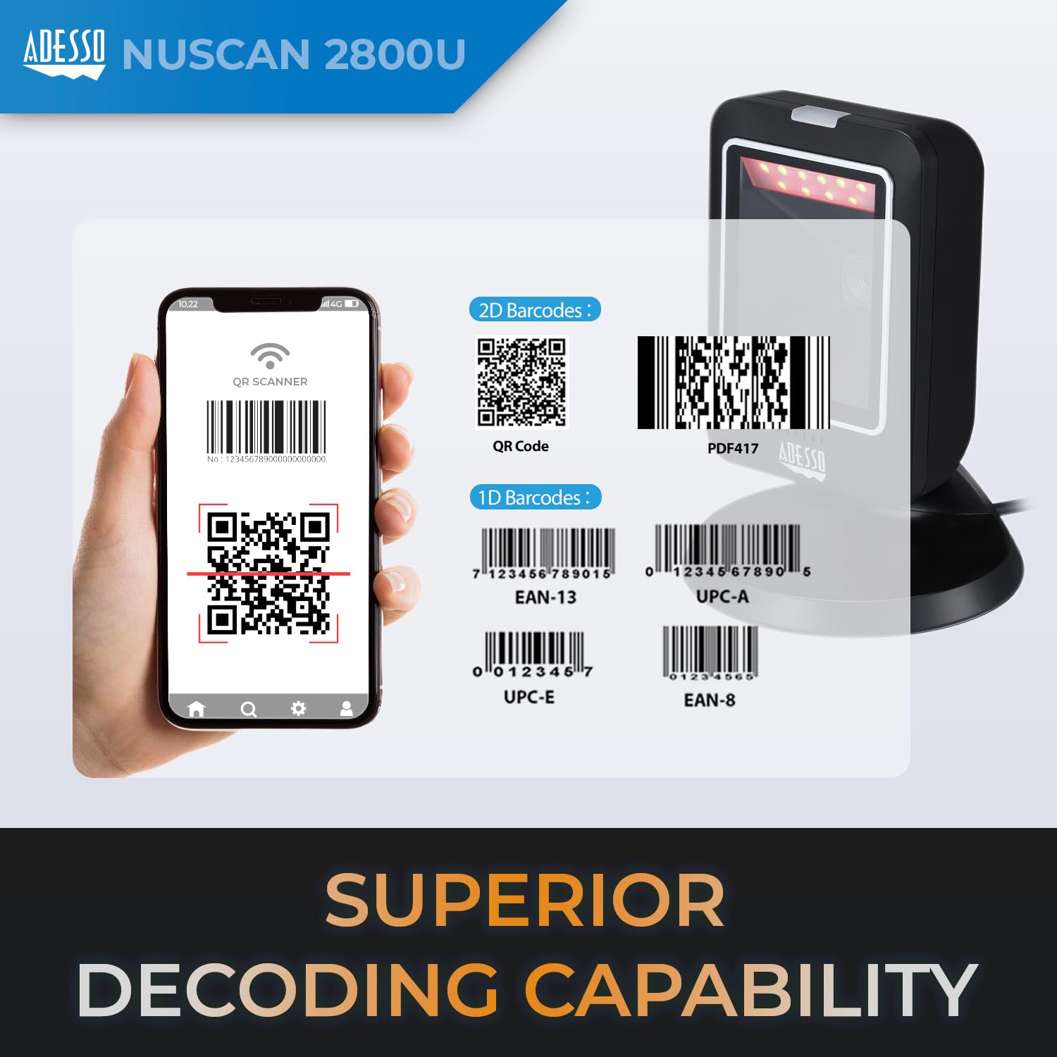 Adesso Nuscan 2800U Omnidirectional 2D Desktop Barcode Scanner Usb