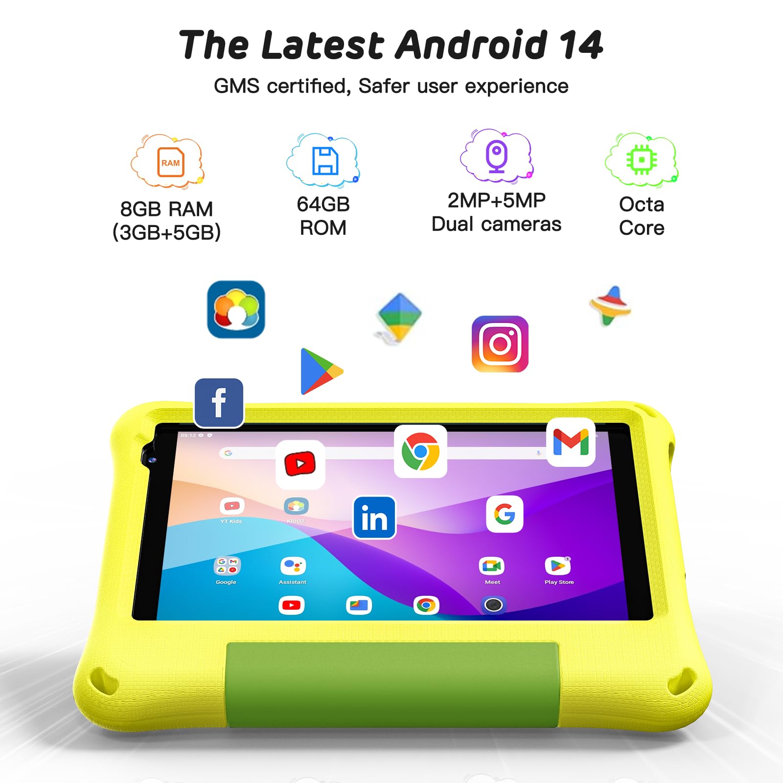 Callsky Note Android 14 Kids Tablet 8 Inch Tablet For Kids Octa Core 8Gb+64Gb Toddler Tablet With Eva Case Child Learning Tablet