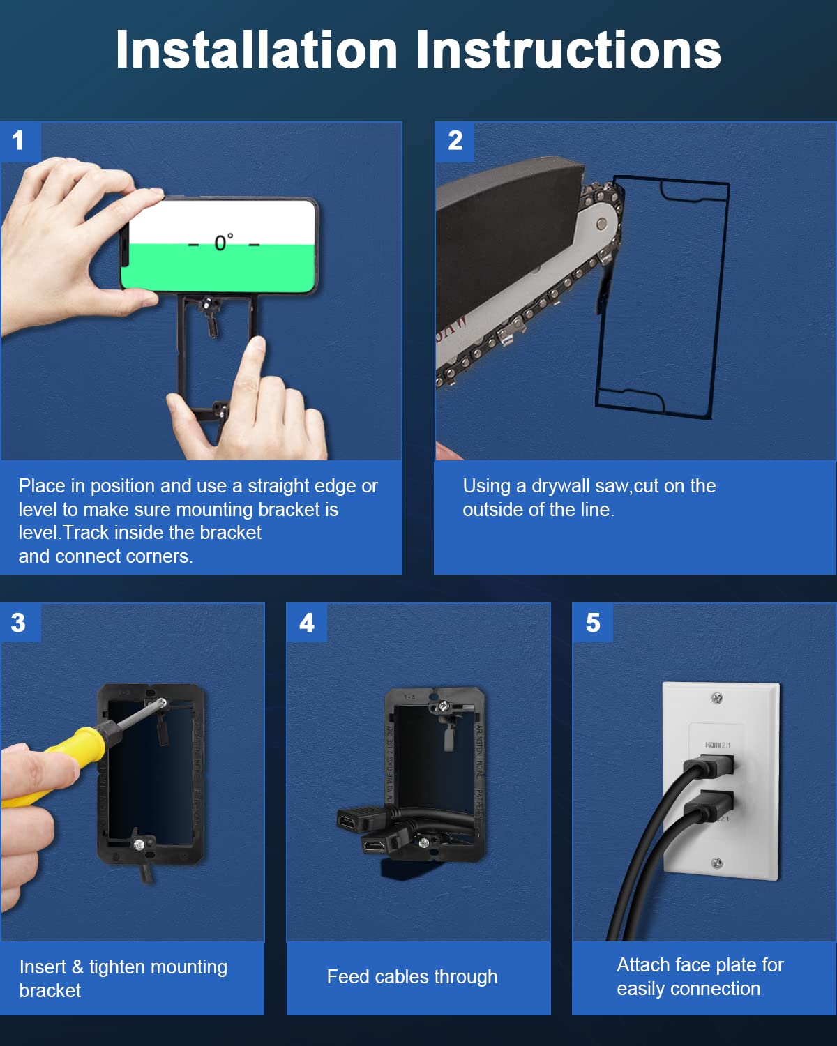 Hdmi 2.1 Wall Plate(2 Port), Electop 8K Hdmi Wall Outlet Pass Through With Low Voltage Metal Mounting Bracket, Supports 8K@60Hz