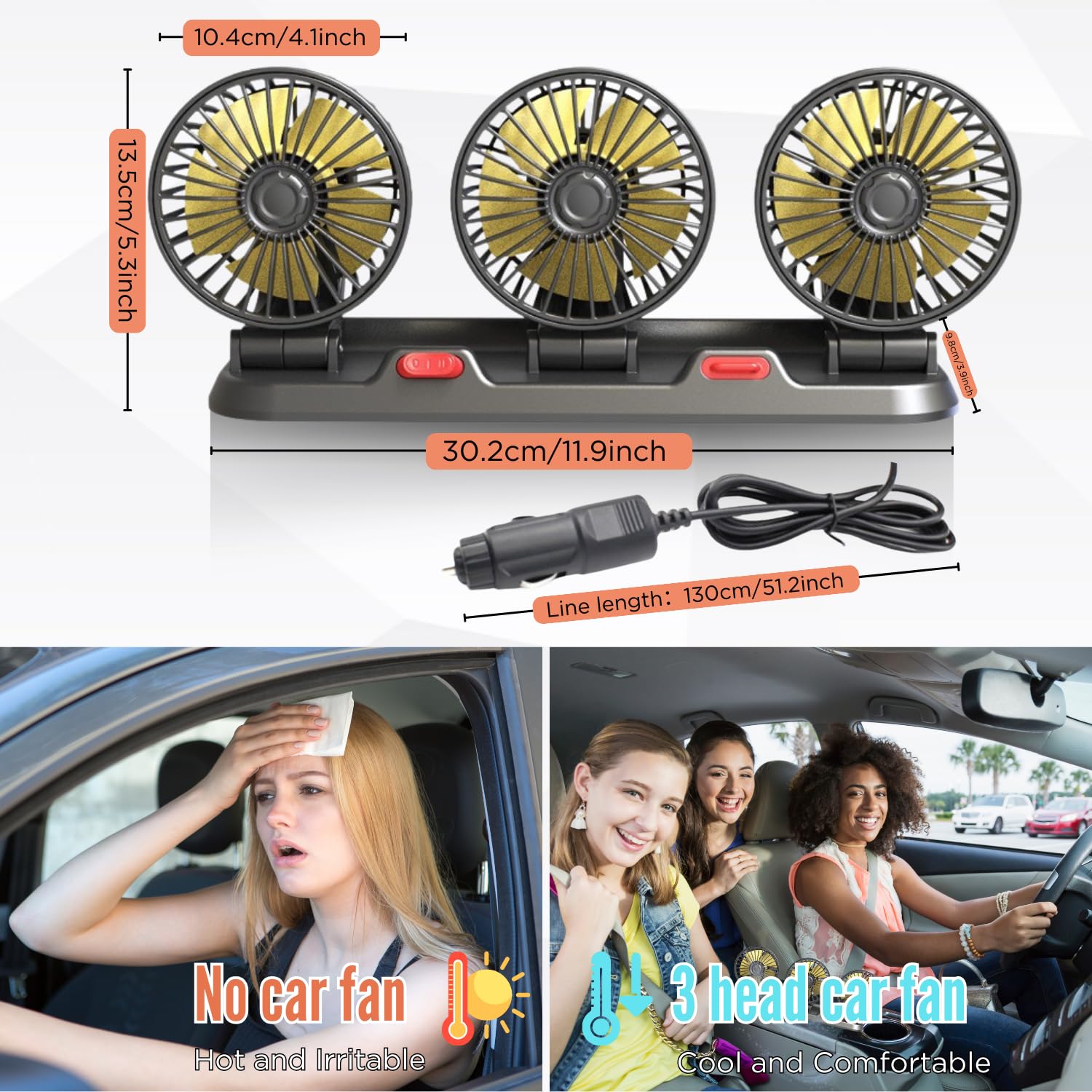 Crethinkaty 12V Car Cooling Three Head Fan, 360 Rotation, 2 Speed Adjustable, 51 Inch Cord Length, Portable Car Cooling Fan For