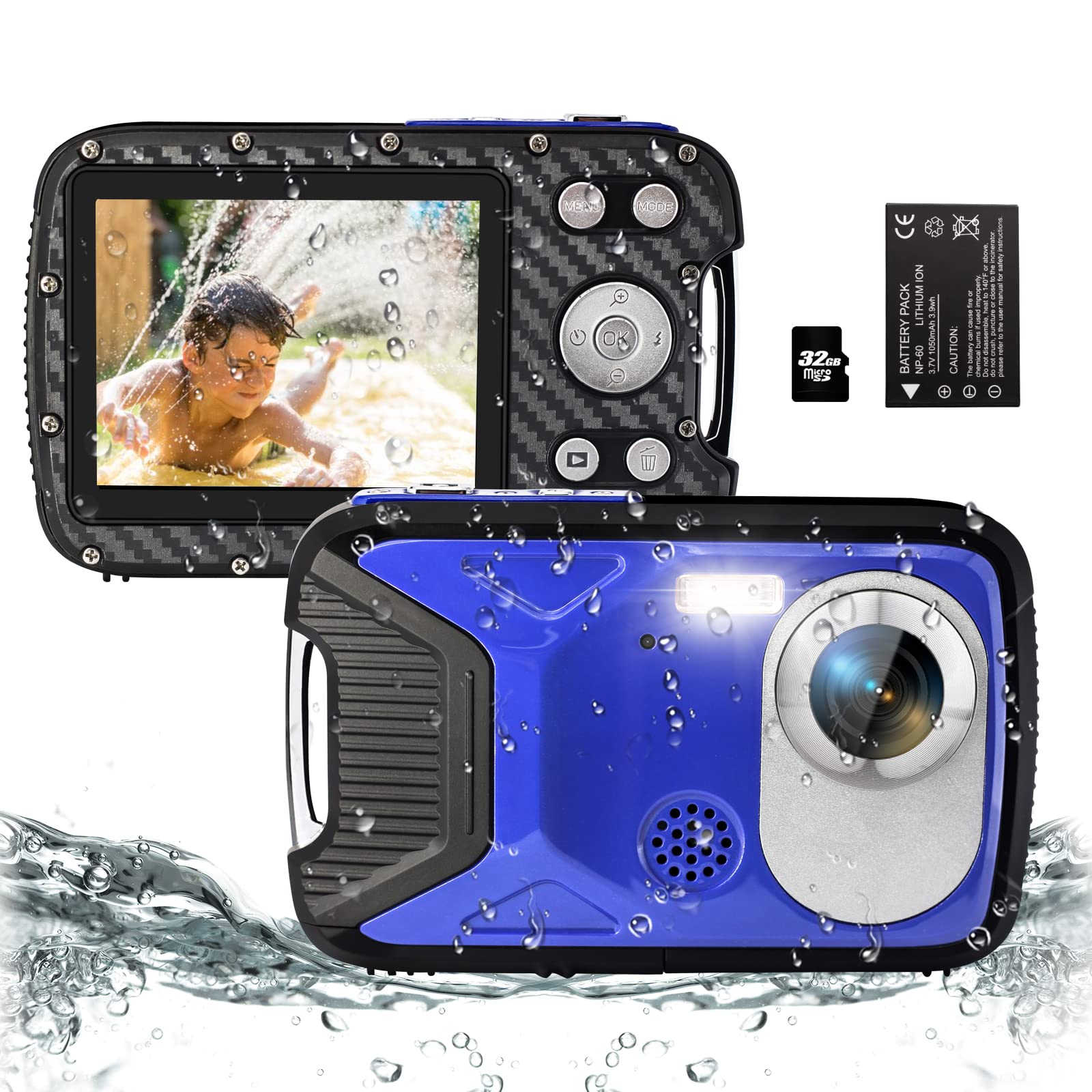 YEEIN 16FT Underwater Camera 30MP Waterproof Digital Camera with 32G Card and Rechargeable Battery, 18X Point and Shoot Camera f