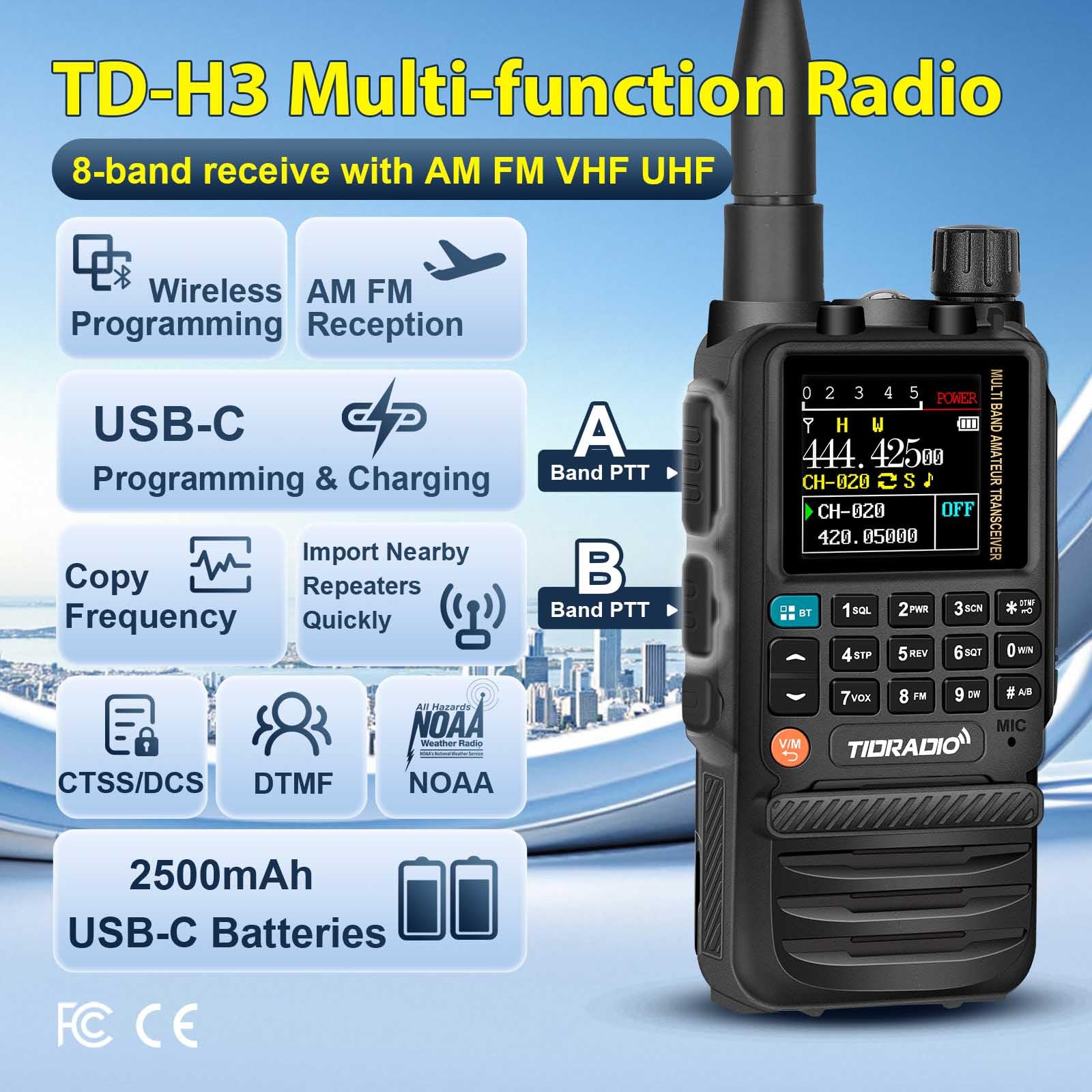 Tidradio Td-H3 Gmrs Radio Handheld, Usb-C Charging & Programming, Multi-Band Two Way Radios Long Range, Noaa Fm Am, Copy Frequen