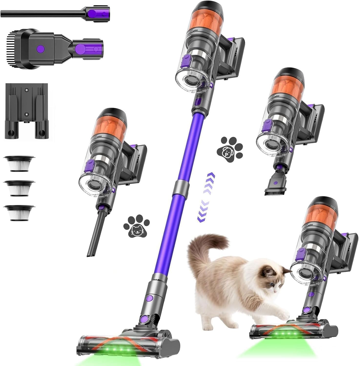 COTIAR Cordless Vacuum Cleaner, 500W 40KPa 60Mins Vacuum Cleaners for Home, AntiTangle Rechargeable Vacuum with Green Light Wir
