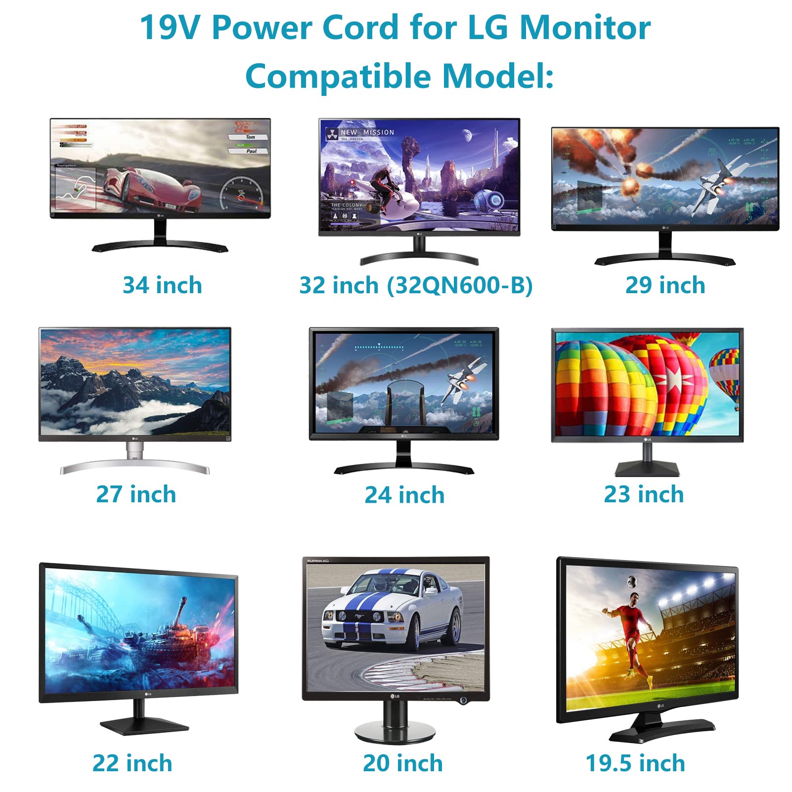 Powe Cord For Lg Monitor Dc 19V 3.42A For Lg Monitor 34' 32' 29' 27' 24' 23' 22' 20' 19' Ultrawide Ips Curved Led 4K Uhd Lcd Widescreen Monitor Ads 25Fsg 19W 32Ud99 Power Supply Cord
