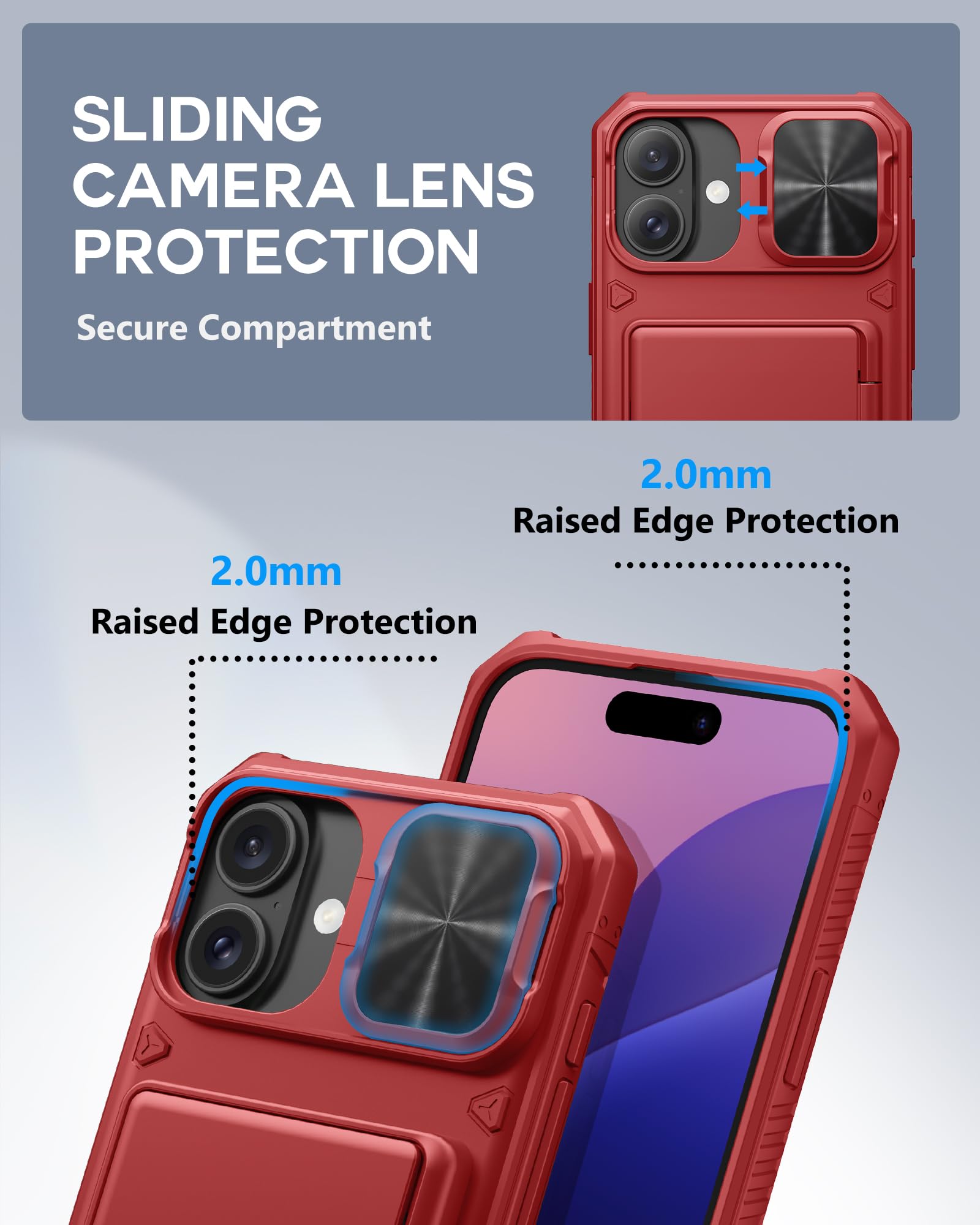 Atatoo For Iphone 16 Plus Case With Card Holder (Store 3 5 Cards) [Rfid Blocking] & Slide Lens Protector, Military Grade Protect