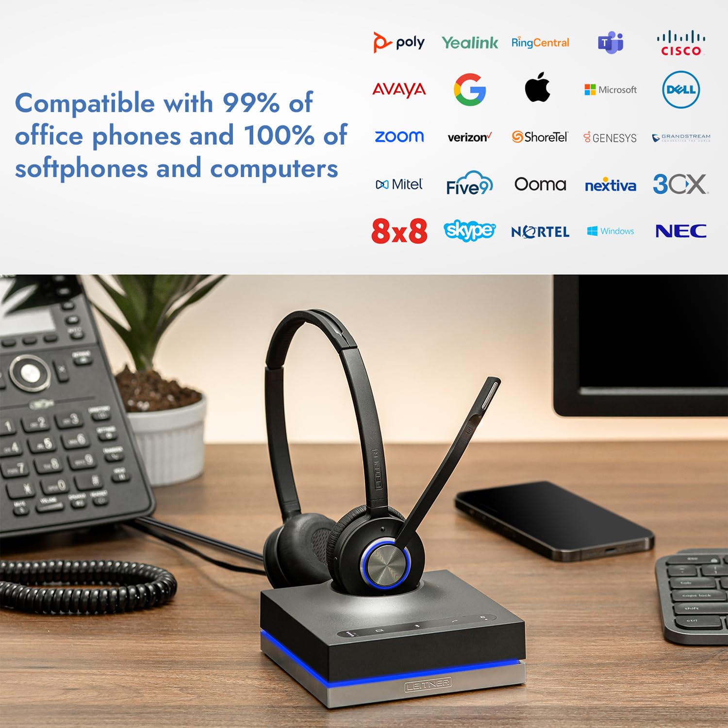 Leitner Lh675 3 In 1 Wireless Office Headset With Mic   Wireless Dect Headset For Office Phone, Computer And Cell Phone   5 Year