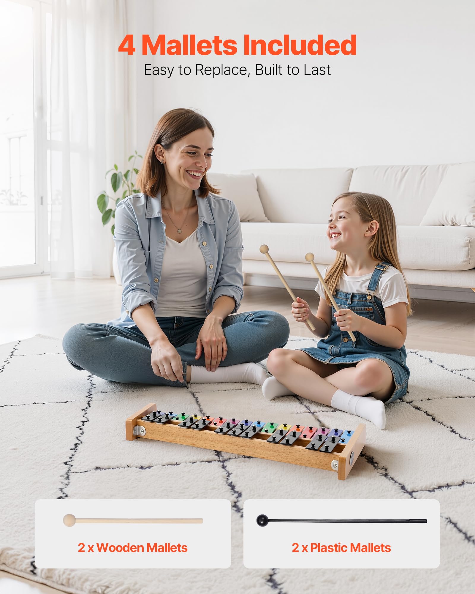 Vevor Glockenspiel Xylophone, 27 Notes, Professional Xylophone Percussion Instrument, With Colorful Metal Keys, Includes 4 Malle