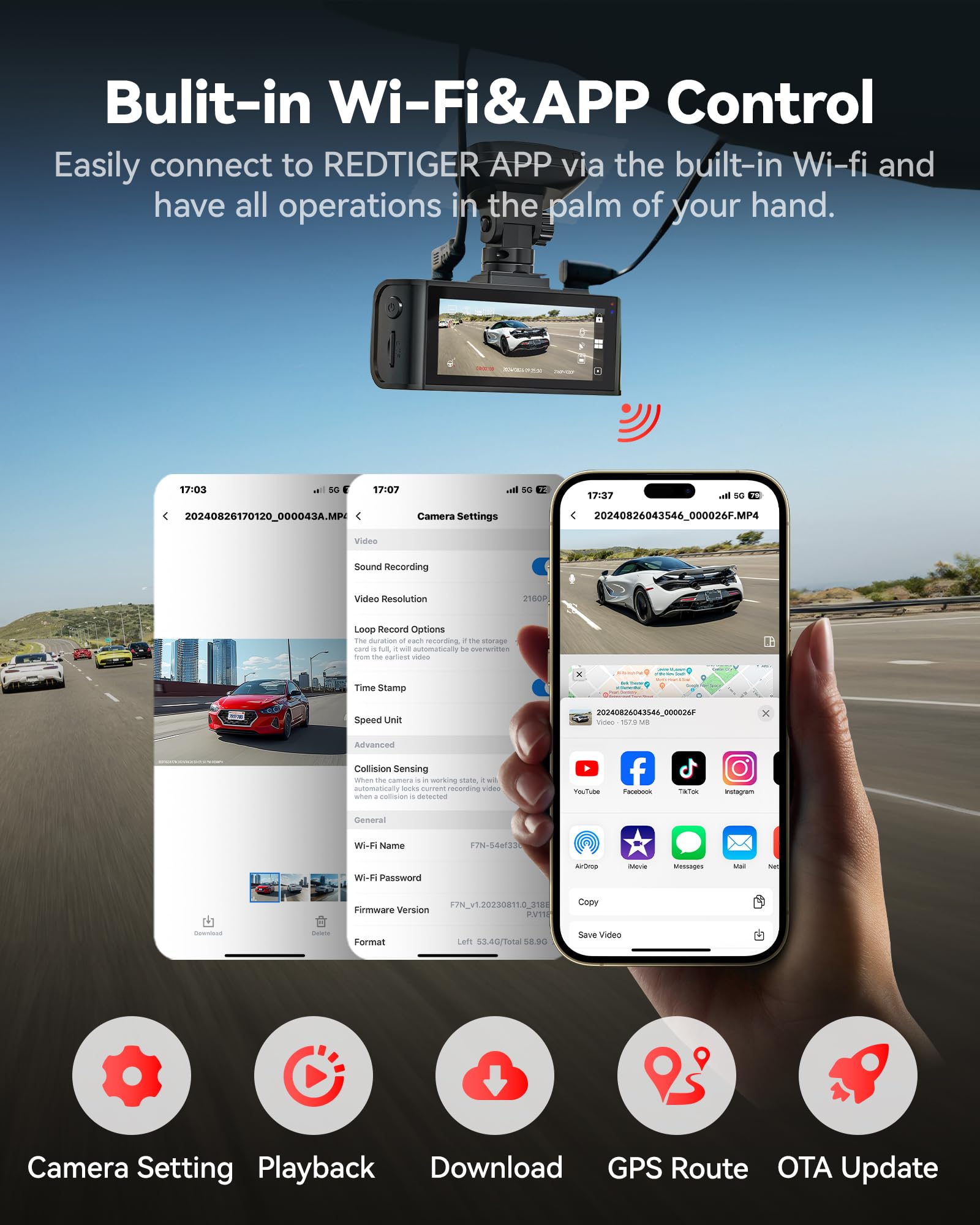 Redtiger 4K Dash Cam Front And Rear, Starvis 2 Sensor, 64Gb Card Included, 4K/2.5K+1080P Dual Dash Camera For Cars Built In Wifi