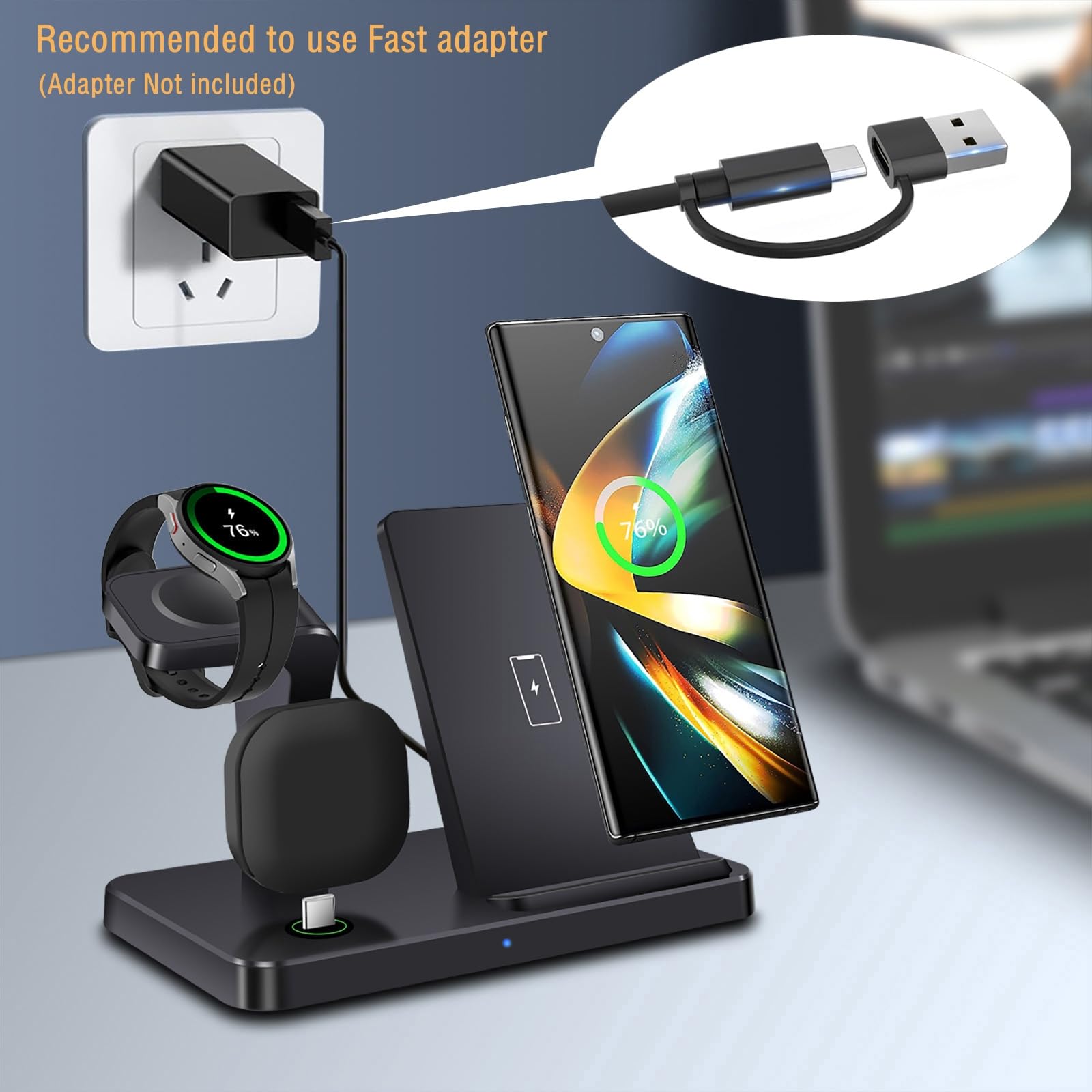 Vnbbt Wireless Charger For Samsung,3 In 1 Wireless Charging Station For Samsung Galaxy S25/S24/S23/Z Fold/Flip,Fast Phone Watch