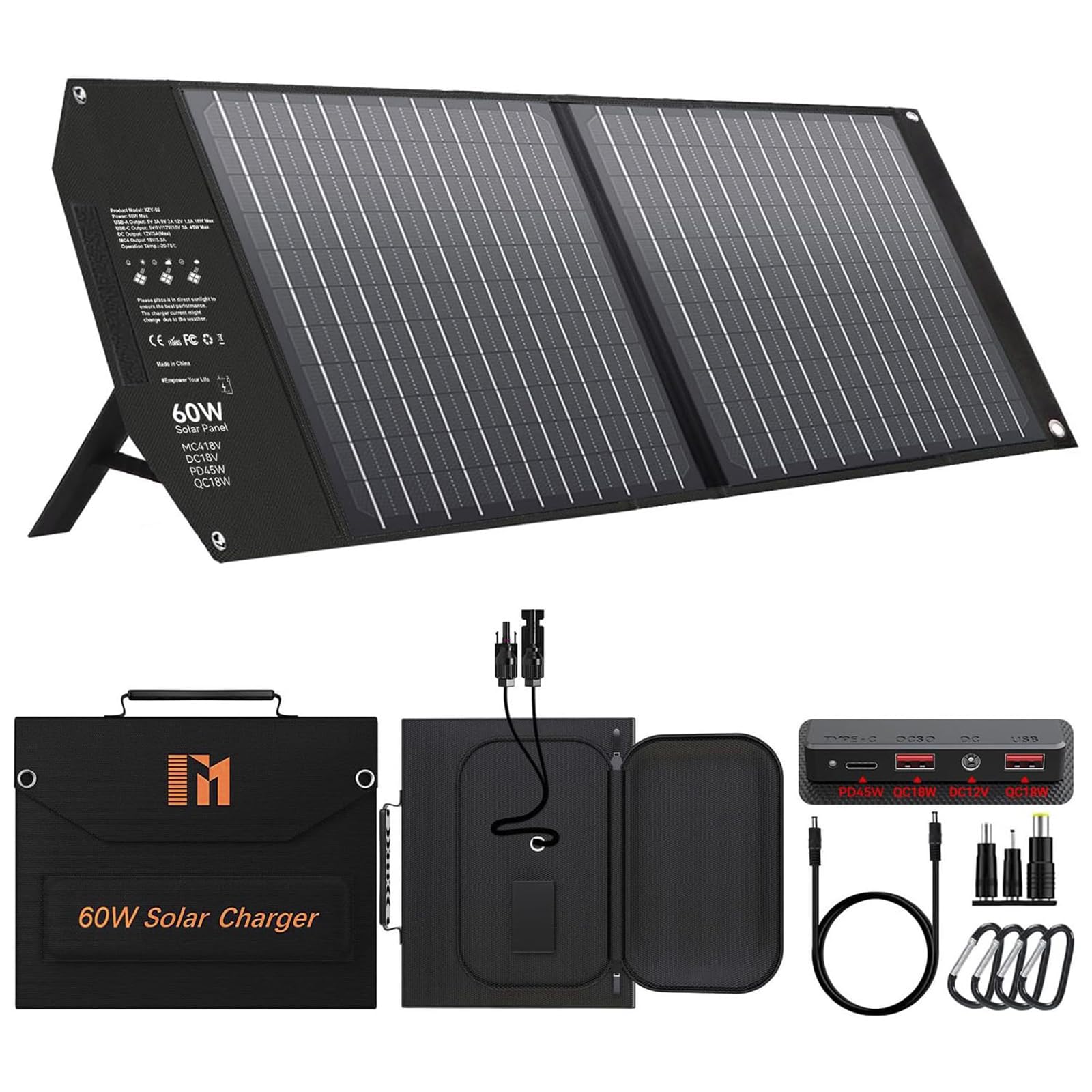60W Portable Foldable Solar Panels Chargers with PD3.0 PD45W USB-C QC3.0 USB-A 18V DC MC4 Outputs for Camping Backpacking RV Tri