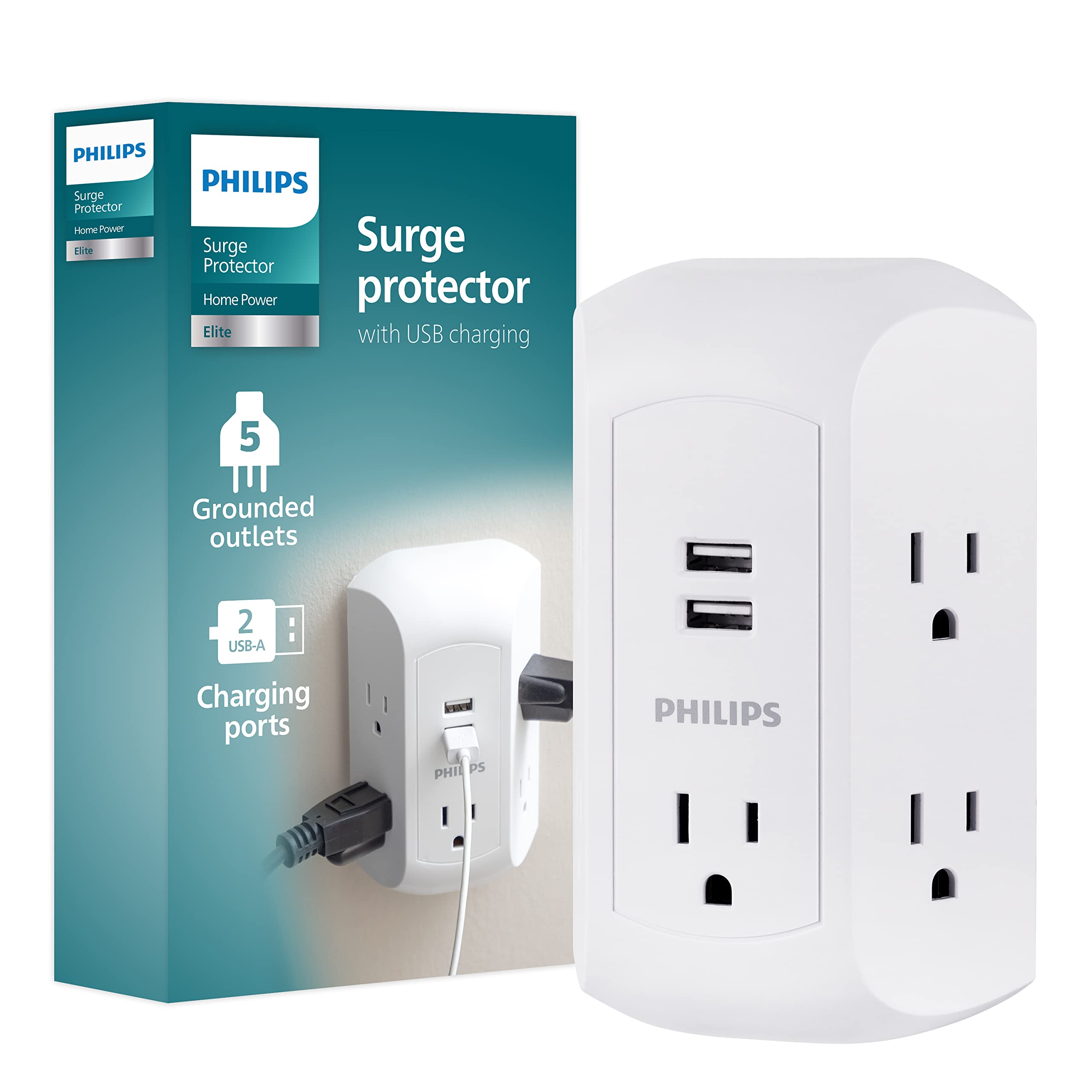 Philips 5 Outlet Extender, Grounded Wall Tap, 3 Prong, 2 Usb A, Surge Protector, Adapter Spaced Outlets, Side Access, 560 Joules