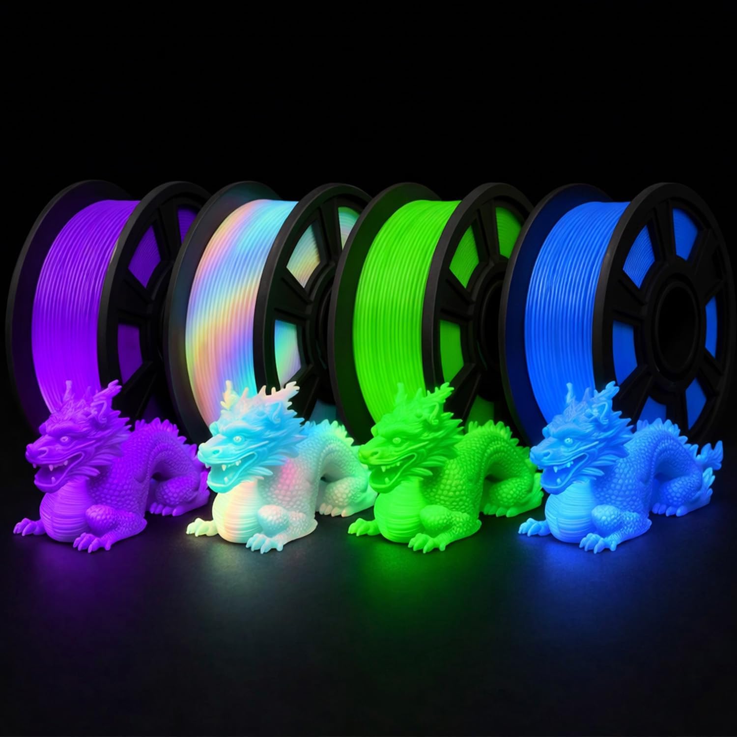 3D Printer Filament Bundle, Glow in The Dark Filament Multicolor, Green, Blue, Purple and Rainbow, PLA Filament 1.75 mm, Dimensi