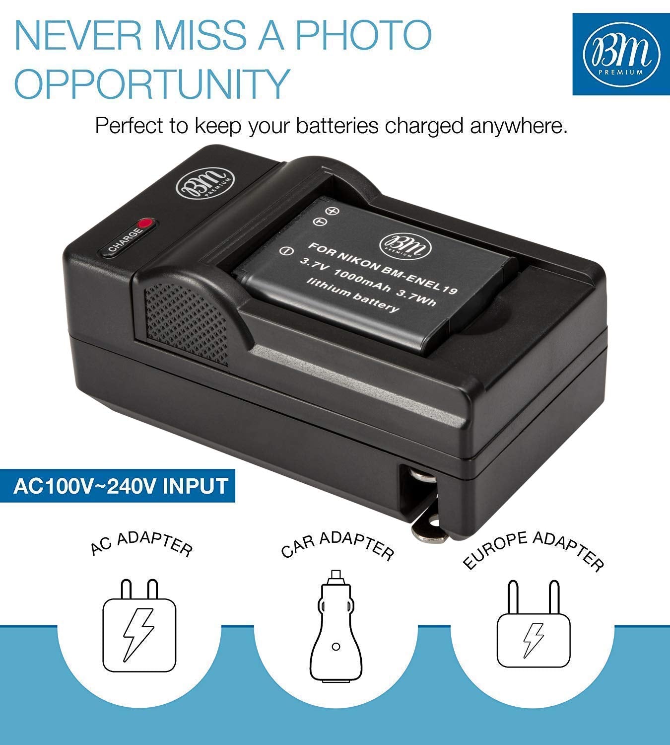 BM 2 EN EL19 Batteries and Charger for Nikon Coolpix A300, W100, W150, S33, S100, S3100, S3200, S3300, S3500, S3600, S3700, S4100, S4200, S4300, S5200, S5300, S6400, S6500, S6800, S6900, S7000 Cameras