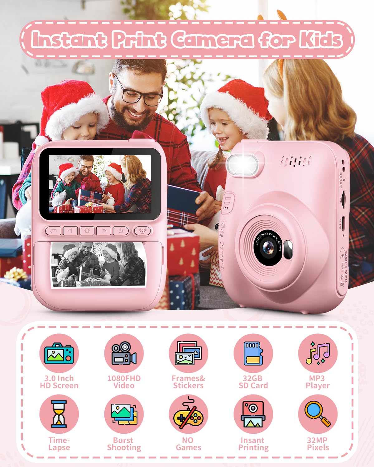 Kids Instant Print Camera, 3.0-Inch Hd Screen 32Mp Photo Instant Digital Camera Christmas Birthday Gifts Toys For Toddle Childre