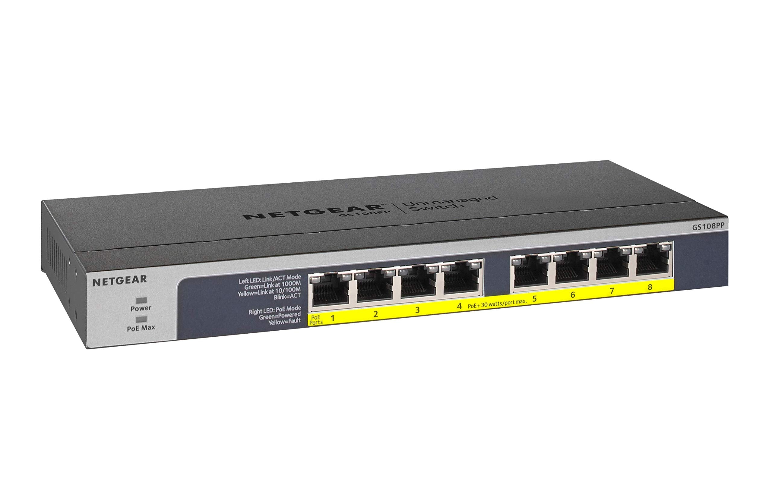 NETGEAR 8-Port Gigabit Ethernet Unmanaged PoE Switch (GS108PP) - with 8 x PoE+ @ 123W Upgradeable, Desktop, Wall Mount or Rackmo