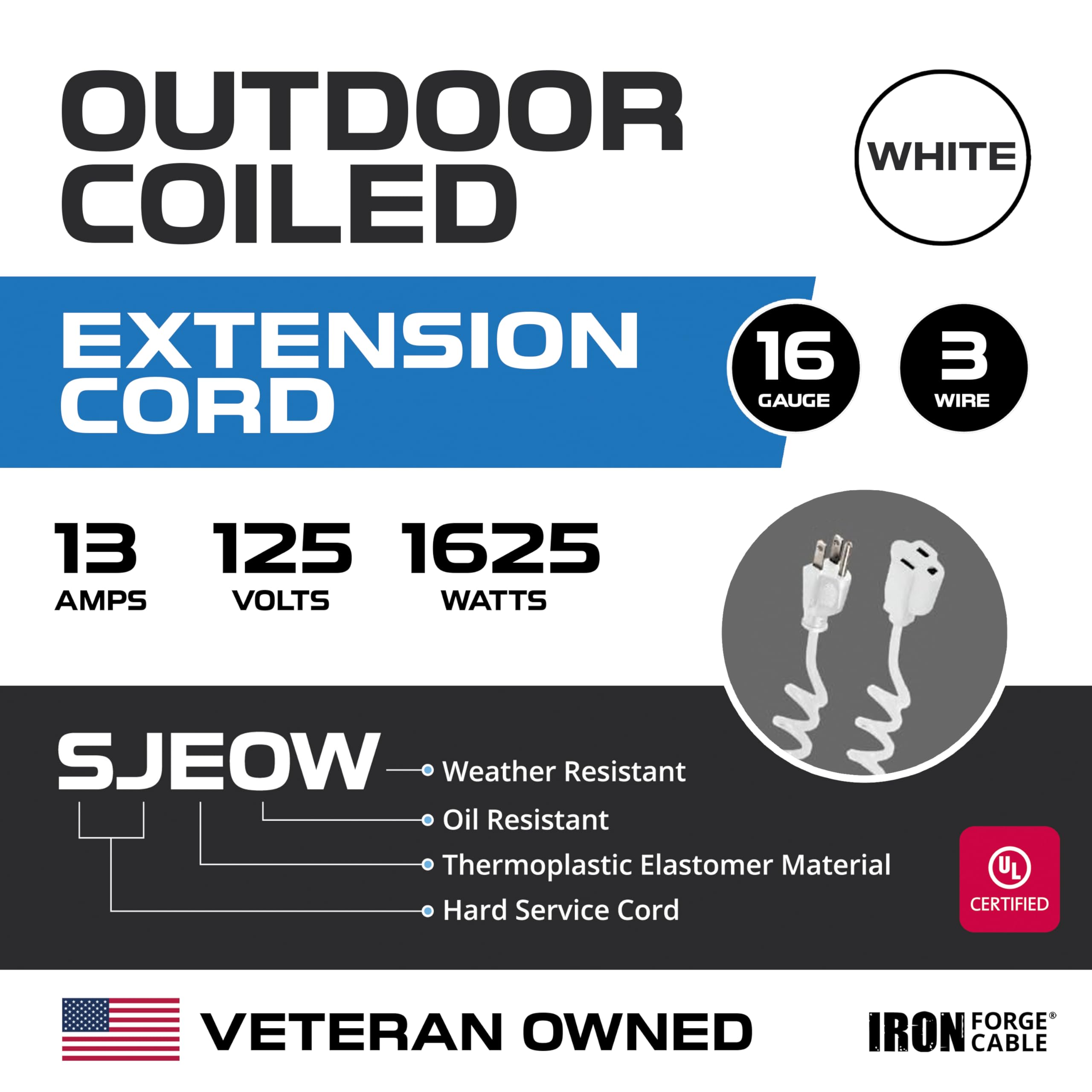 Iron Forge Cable 15Ft White Coiled Outdoor Extension Cord   16/3 Sjeow Oil Resistant & Flame Retardant 3 Prong 13 Amp Power Cord