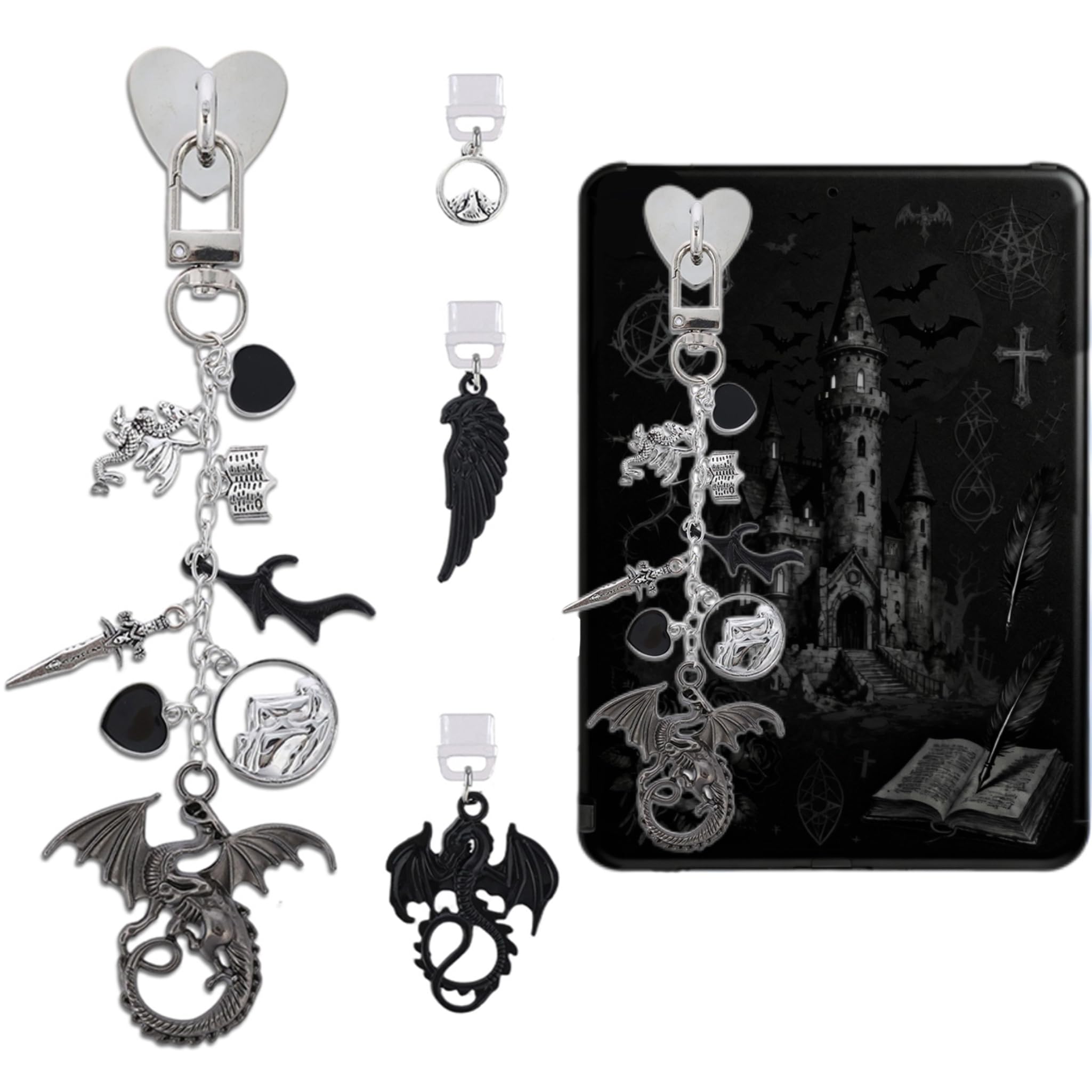 TAKEALOOKO Halloween Dust Plug Charm Chains for Kindle - 4Pcs Fantasy Dragon Wings Type C Dustplug & Chain Bracelet Strap Decora