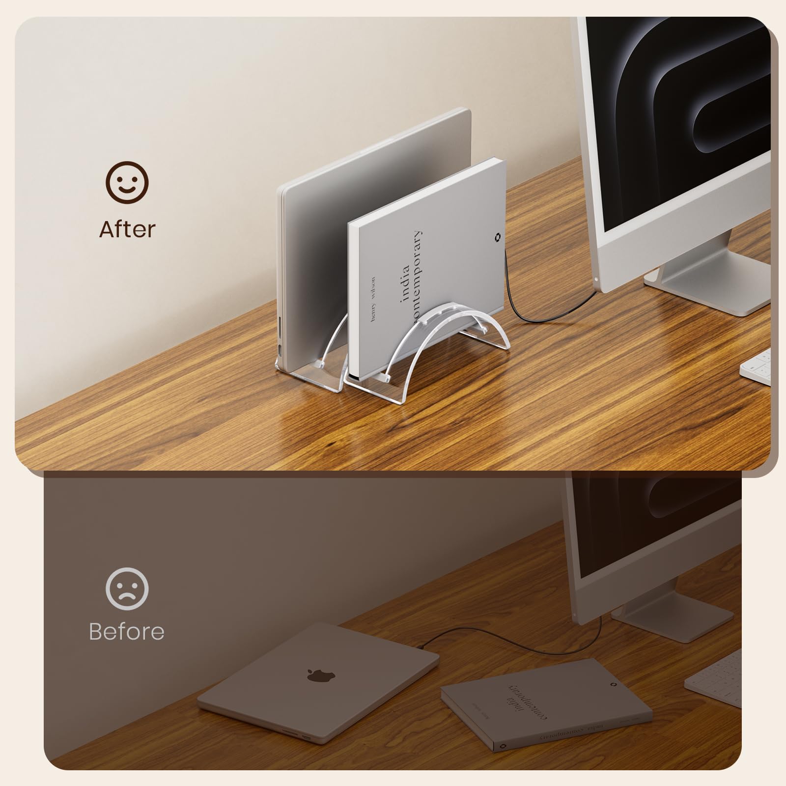 Vertical Laptop Stand For Desk,Dual Slot Macbook Stand Acrylic Invisible Desktop Notebook Dock,Laptop Stand Vertical Space Savin