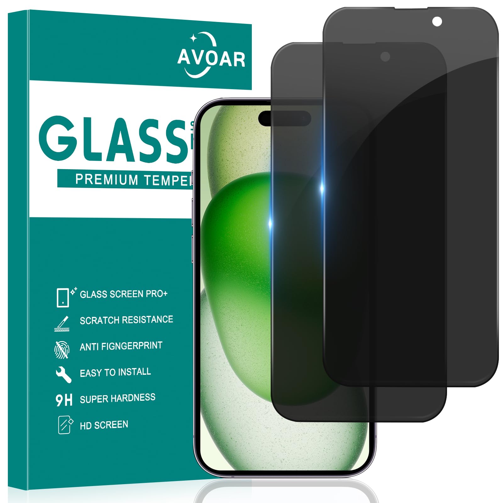 Avoar 2 Pack Privacy Screen Protector For Iphone 15, Privacy Screen Iphone 15 6.1 Inch Tempered Full Screen Glass Film, Anti Spy