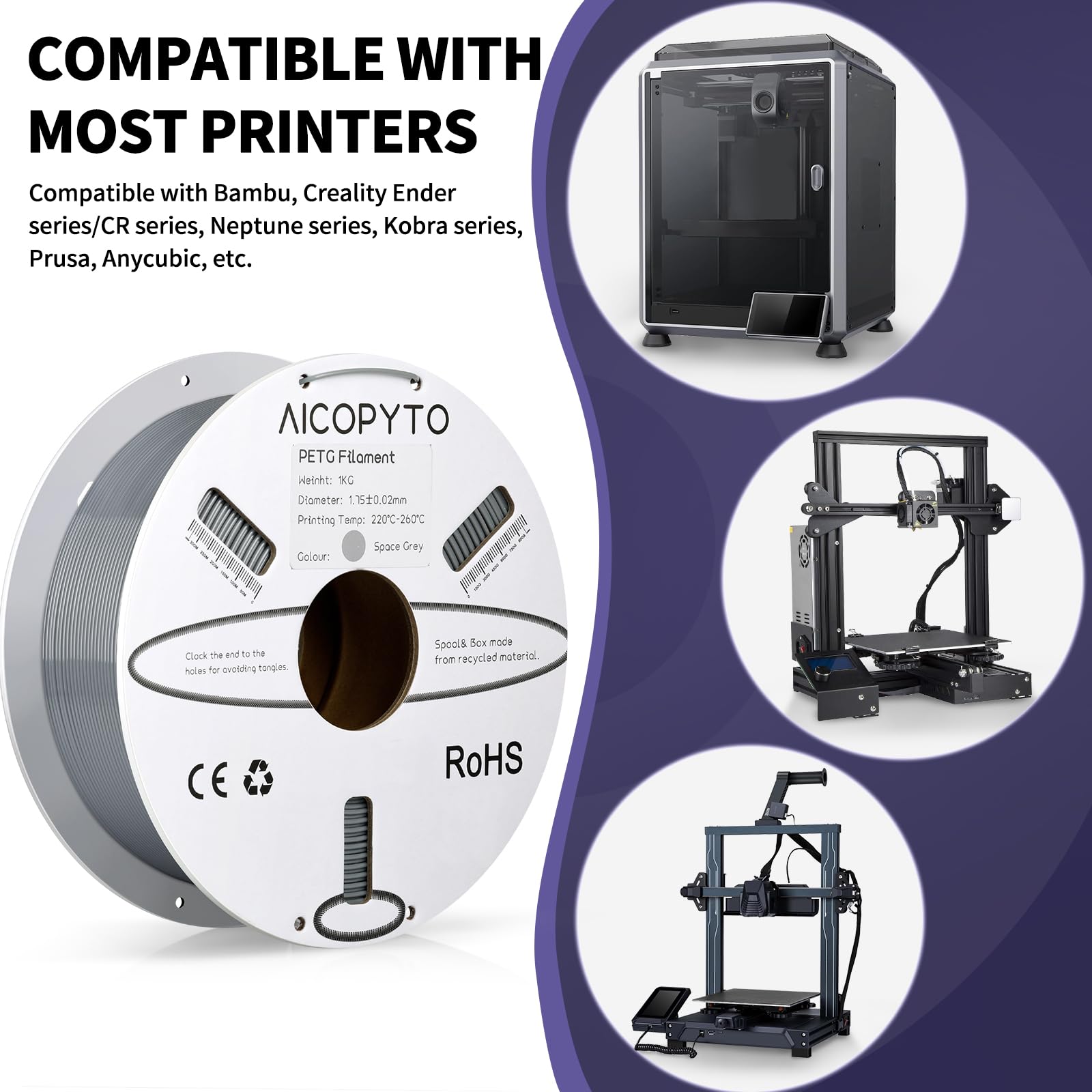 Aicopyto Grey Petg Filament 1.75Mm, 3D Printer Petg Filament 1Kg Spool (2.2Lbs) Dimensional Accuracy +/- 0.02Mm, Filament Fit Mo