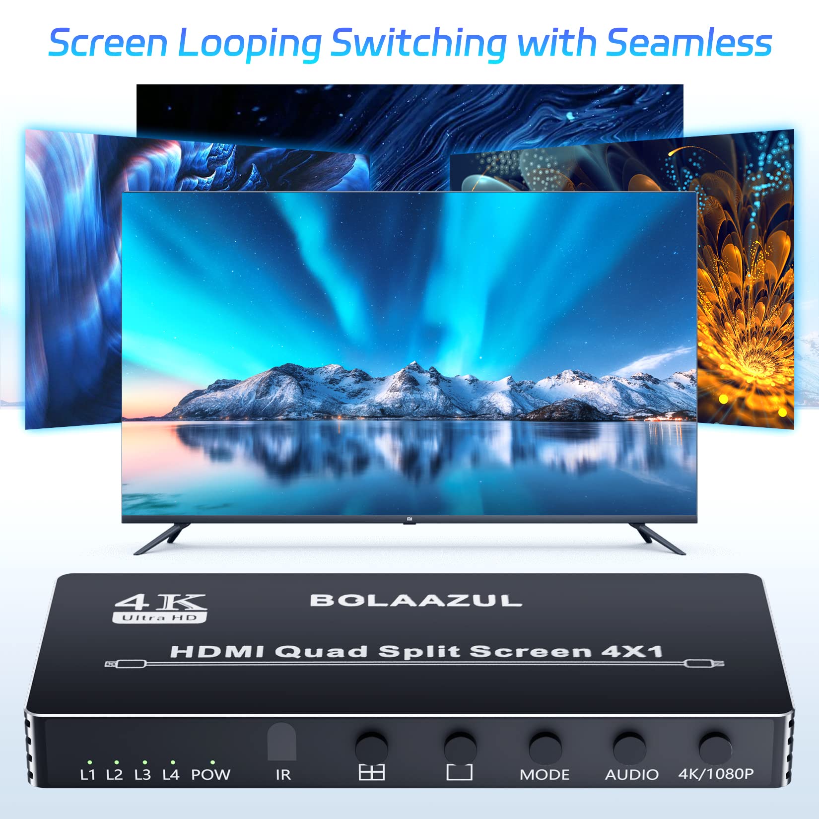 Hdmi Multiviewer Switch 4K 4X1, Bolaazul Quad Multi Viewer 4 In 1 Out Hdmi Switcher Split Screen Seamless Switching With Ir Remo