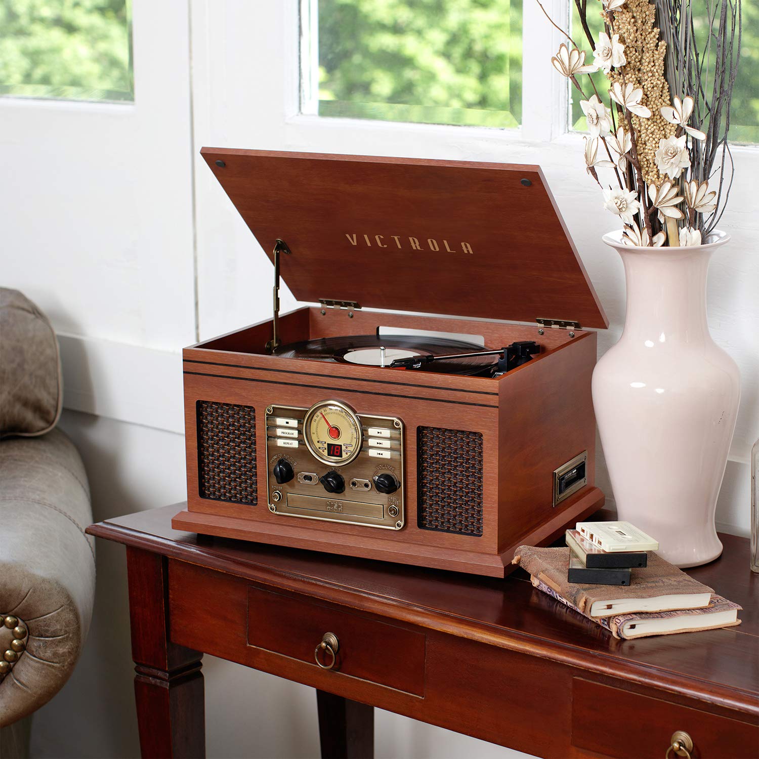 Victrola Nostalgic 7 In 1 Bluetooth Record Player & Multimedia Center With Built In Speakers   3 Speed Turntable, Cd & Cassette