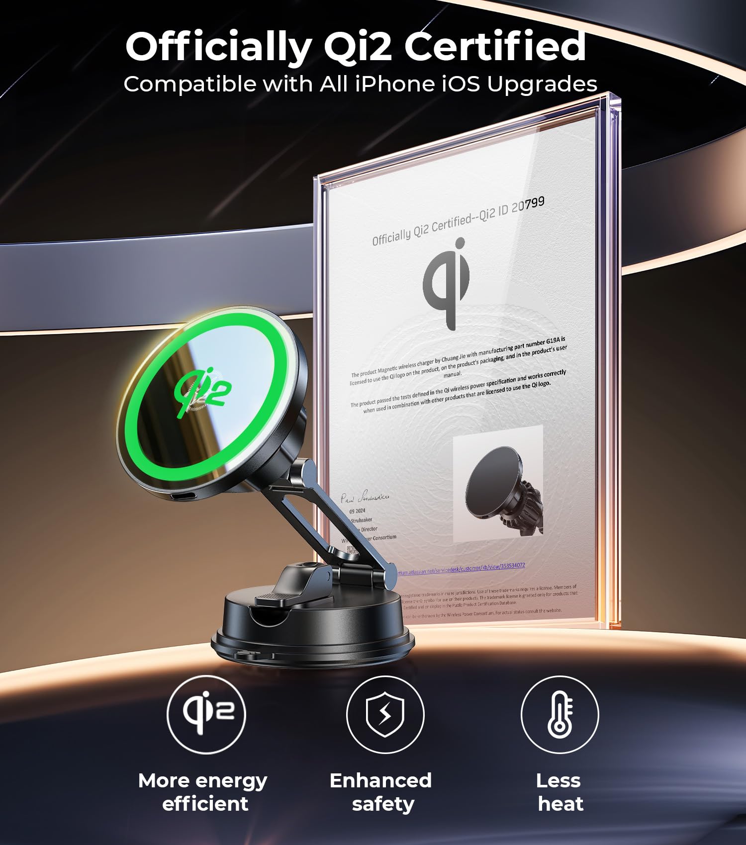 ?Vacuum Suction Folding Car Mount? Certified Qi2 Charger For Magsafe, 360 Adjustable Aluminum Alloy Arm, Phone Holder For Tesla/