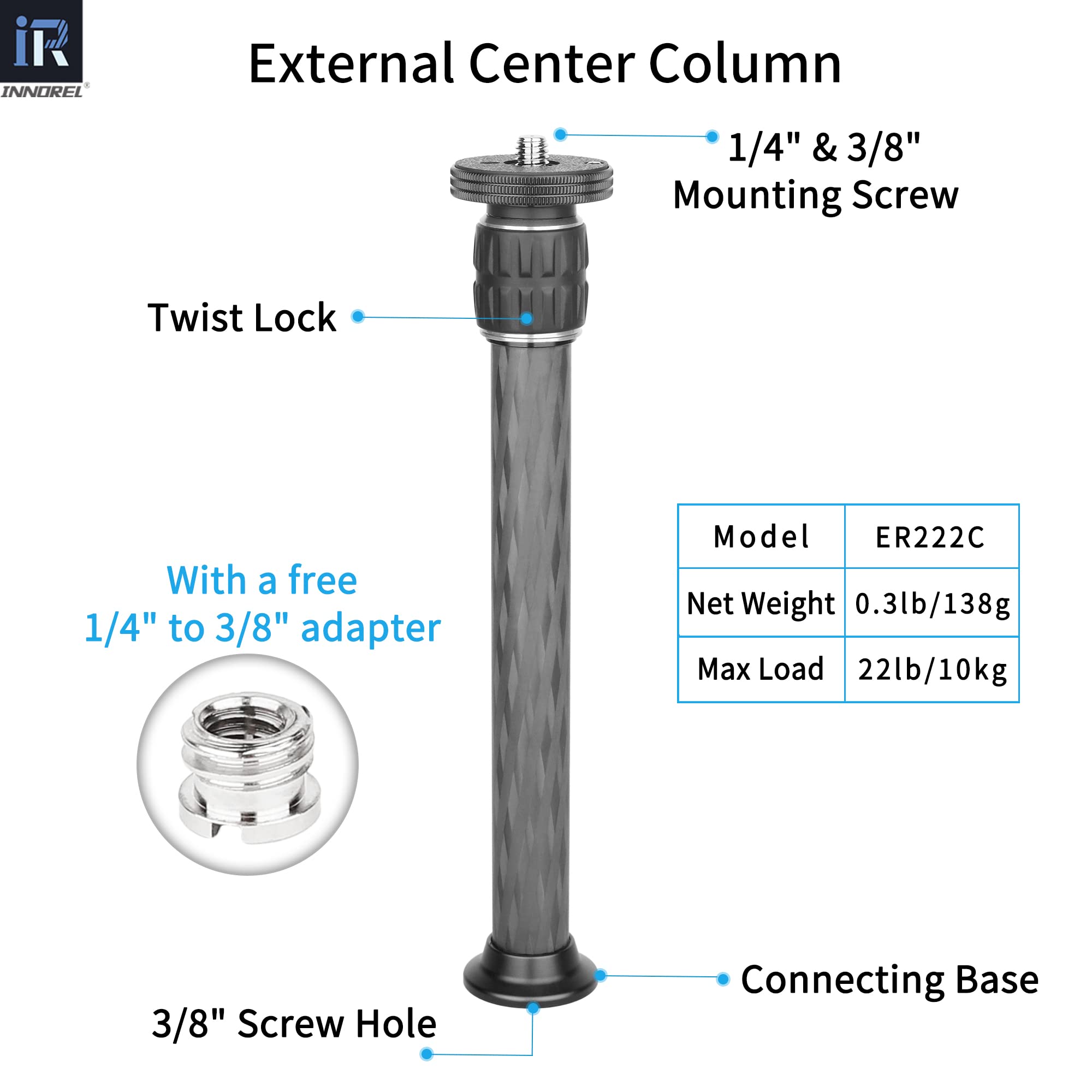Innorel Er222C Universal Carbon Fiber Tripod Center Column Extension Pole Extender Tripod Two Section Mid Column Extension Rod P