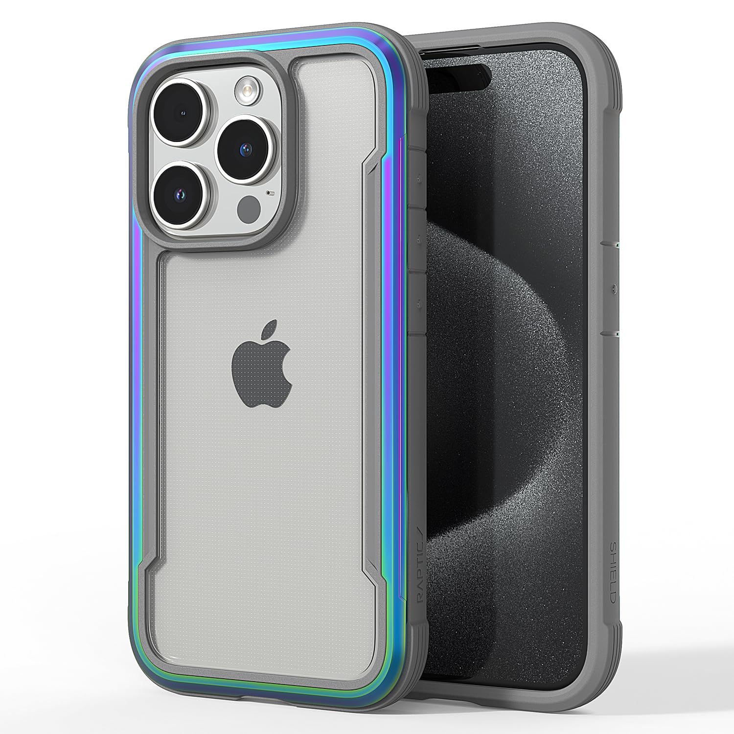 Raptic Shield For Iphone 15 Pro, Shockproof Protective Clear Case, Military Grade 10Ft Drop Tested, Durable Aluminum Frame, Anti Yellowing Technology, 6.1 Inch, Iridescent