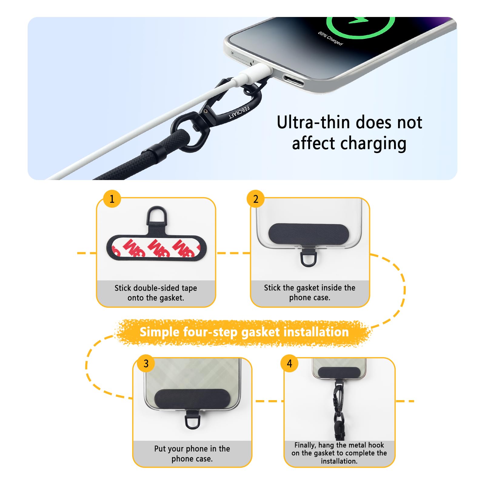 Febcraft Phone Lanyard,Anti Theft Phone Strap,With Steel Wire & Lock,Clip And Go Strap For Phone With Wallet Crossbody,Travel Es