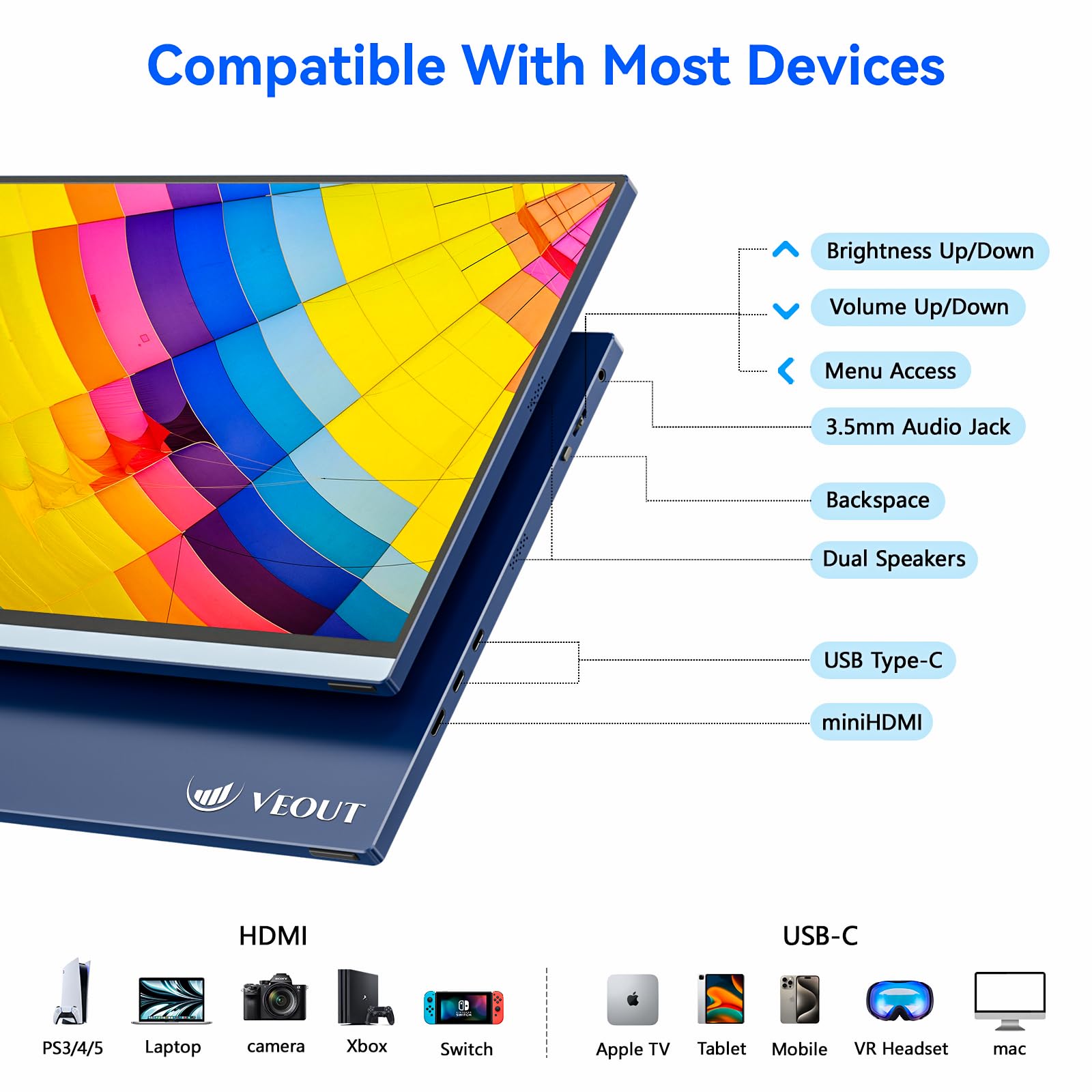 Veout 16Inch Portable Monitor For Laptop, 1920X1200P Fhd Ips 16:10 External Display, 100% Srgb Aluminum Stand, Usb-C/Mini Hdmi,