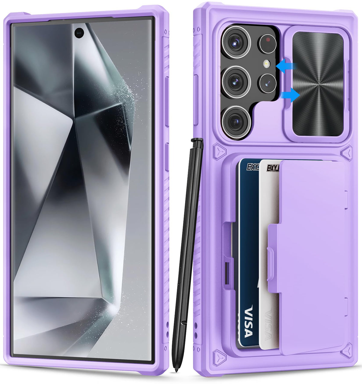 Bxyjy For Samsung Galaxy S24 Ultra Case With Card Holder (Store 4 5 Cards) & Slide Lens Cover & Kickstand, Military Grade Drop P