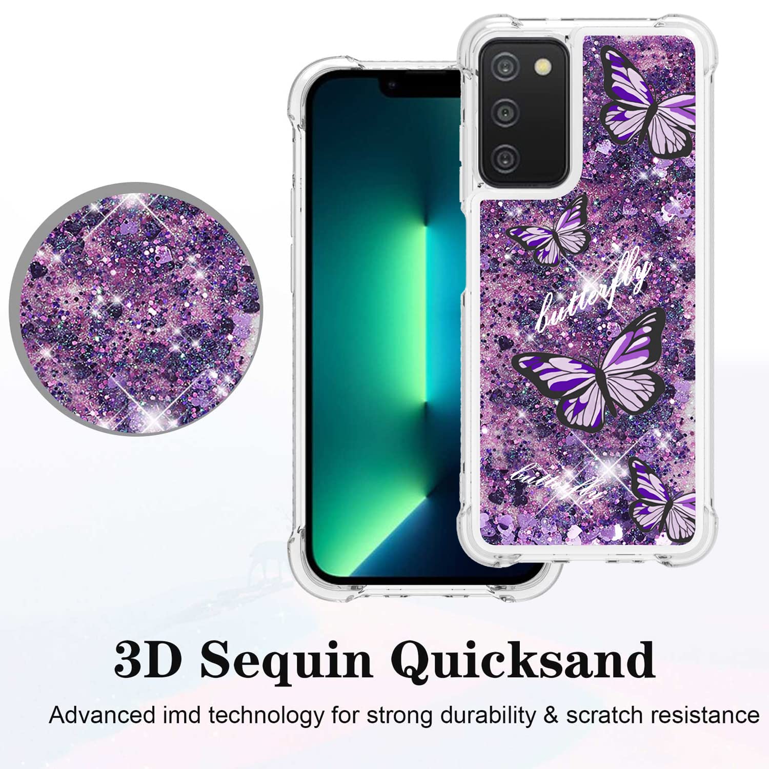 Caiyunl For Samsung Galaxy A03S Case With Glass Screen Protector,Women Girls Glitter Bling Floating Liquid Sparkle Cute Soft Tpu