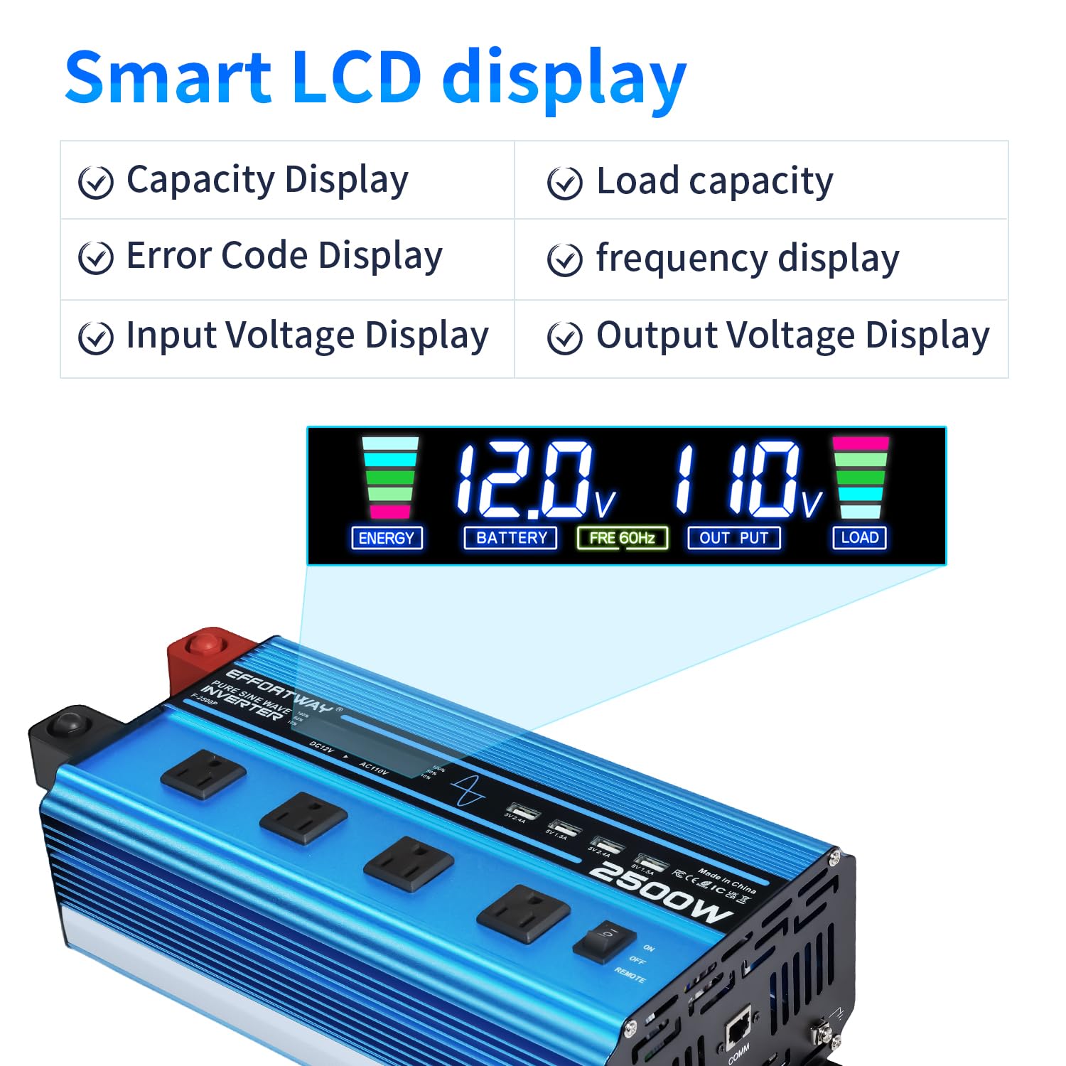 2500W Pure Sine Wave Inverter Dc 12V To Ac 110V/120V Converter, 5000W (Peak) With Lcd Display, Wireless/Wired Remote Control, 4A