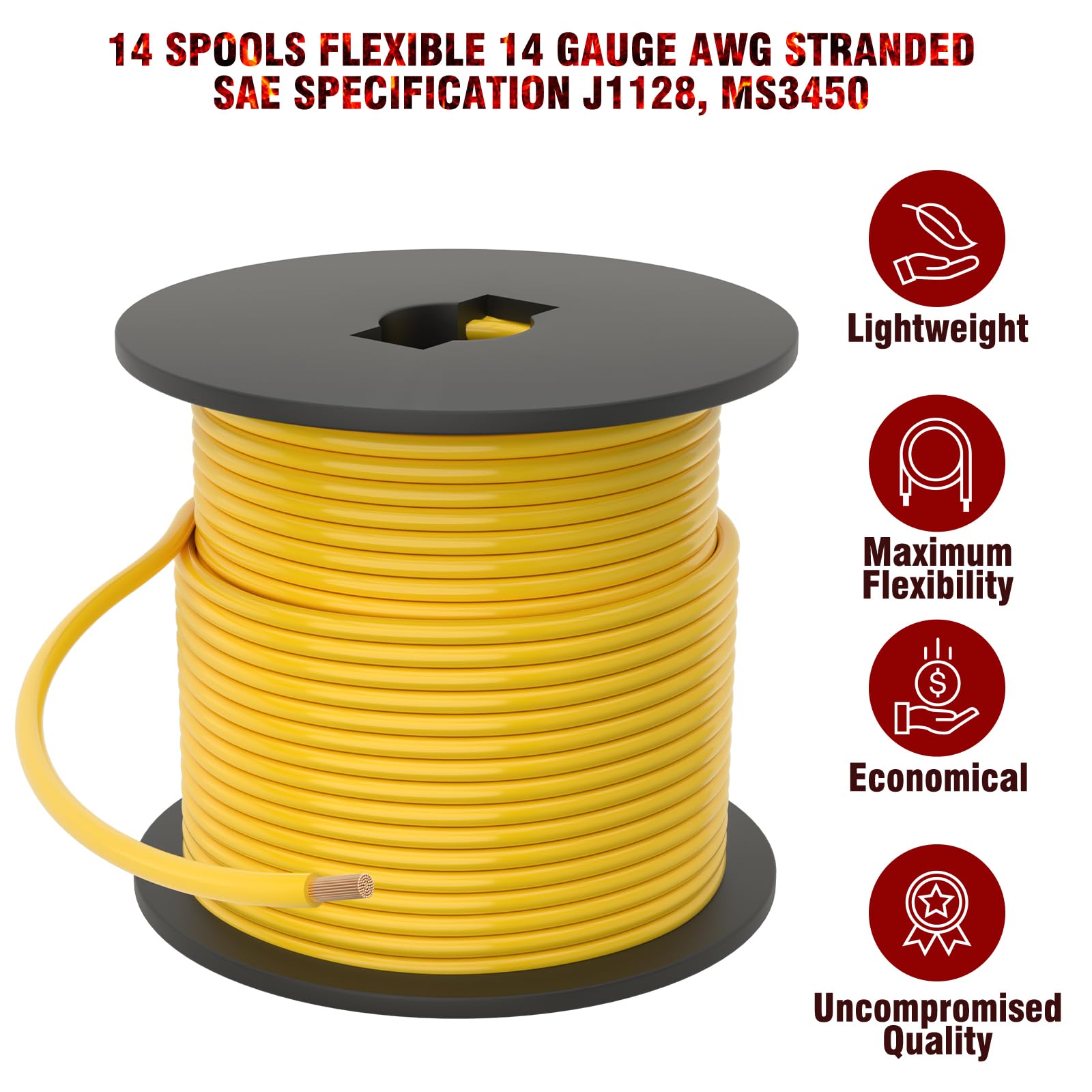 Suzco 14 Rolls 100Ft Automotive Primary Wire Spools Single Conductos Standards 14 Gauge Sae J1128, M1L56A & Ms3450 Cca Low Volta