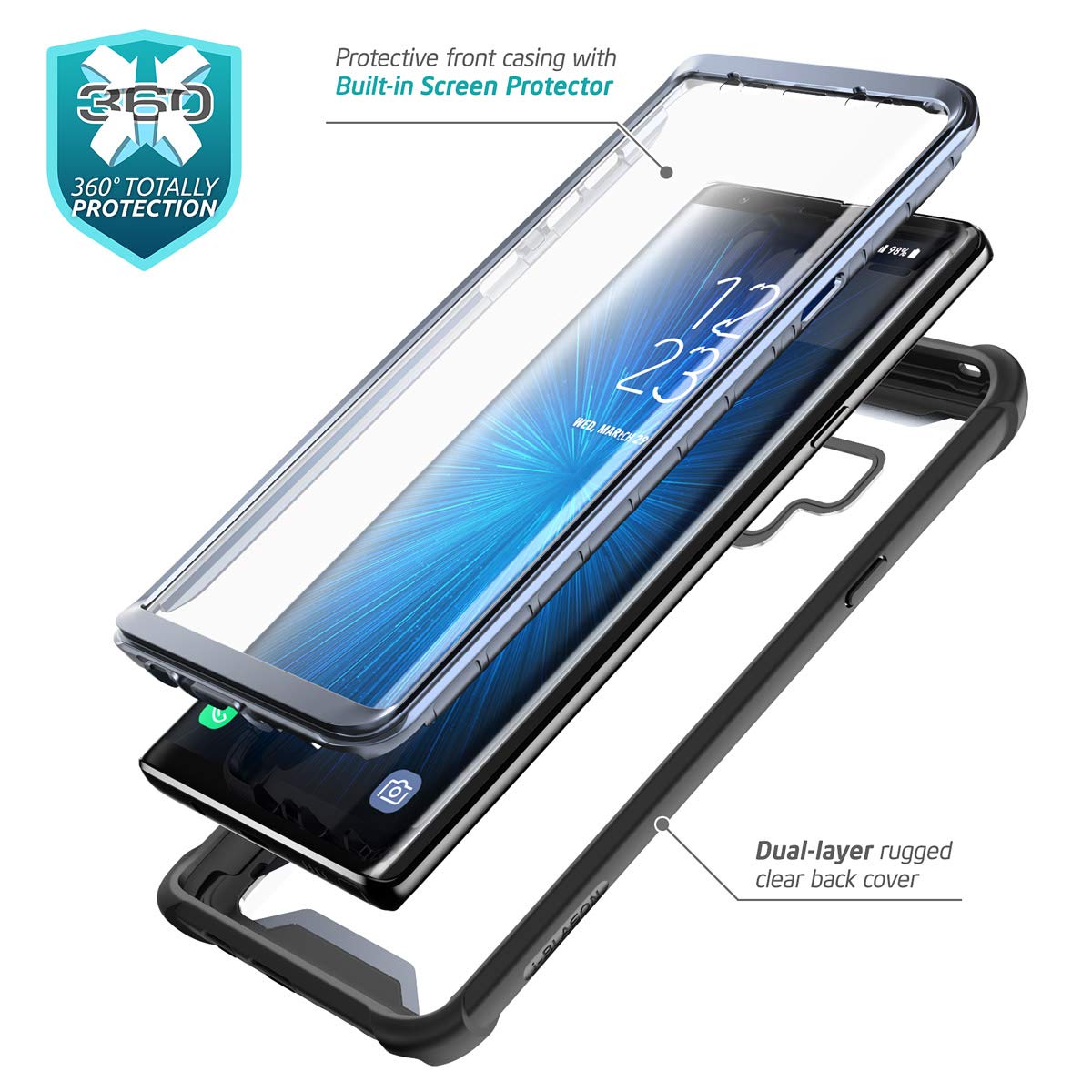 I Blason Ares Designed For Galaxy Note 9 Case, Full Body Rugged Clear Bumper Case With Built In Screen Protector For Galaxy Note