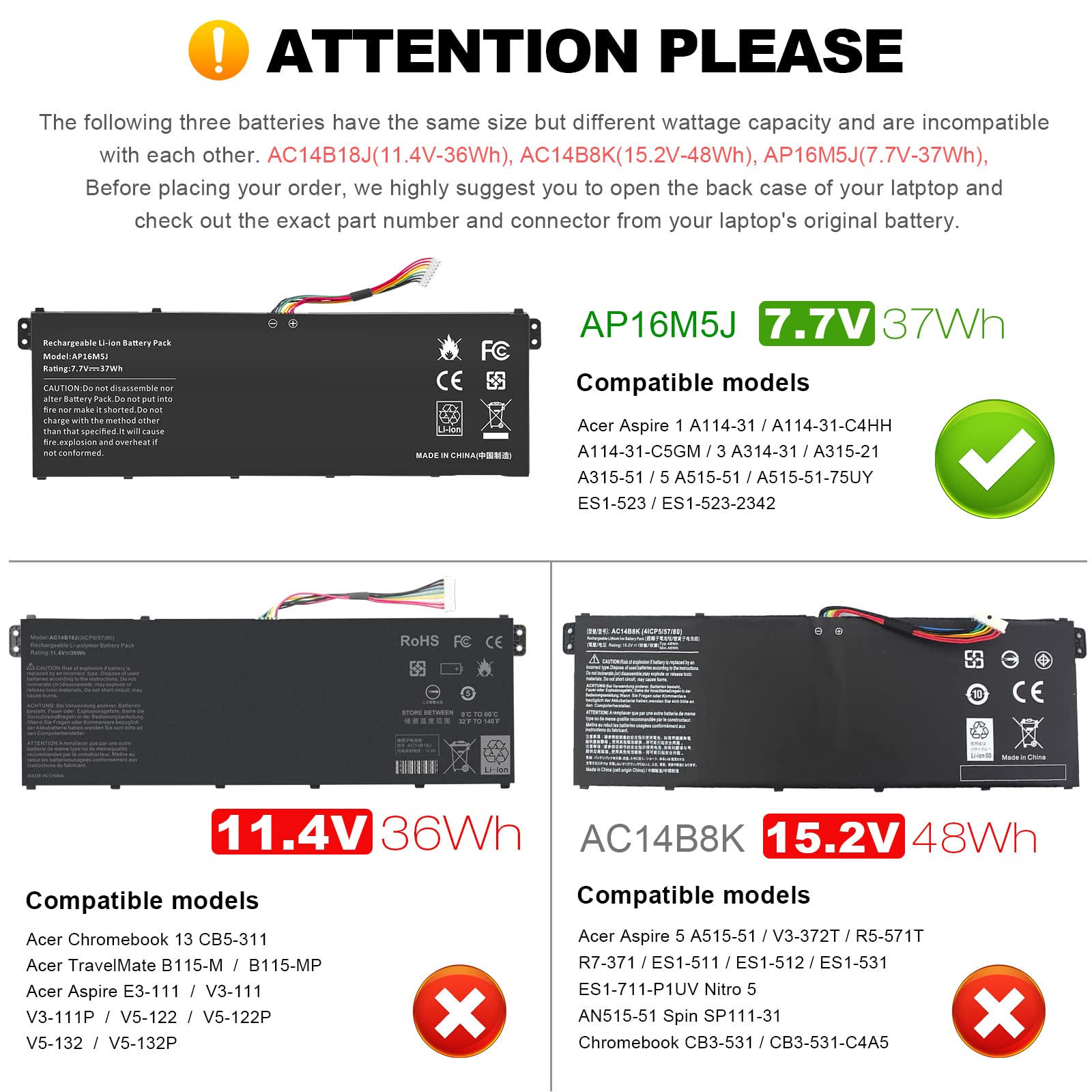 Futurebatt Ap16M5J Laptop Battery For Acer Aspire A114 31 A314 31 A315 21 A315 51 A515 51 Es1 523 24Cw Es1 523 20Dg 2Icp4/80/104