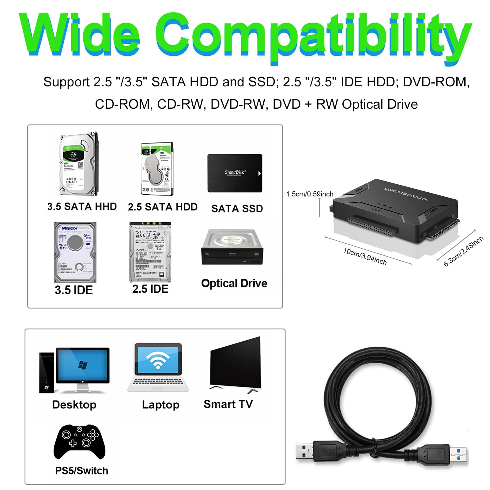 Eyoold Usb 3.0 To Sata Ide Adapter, Hard Drive Reader External Ultra Recovery Converter Compatible With 2.5'' 3.5'' Hdd, Ssd,5.2