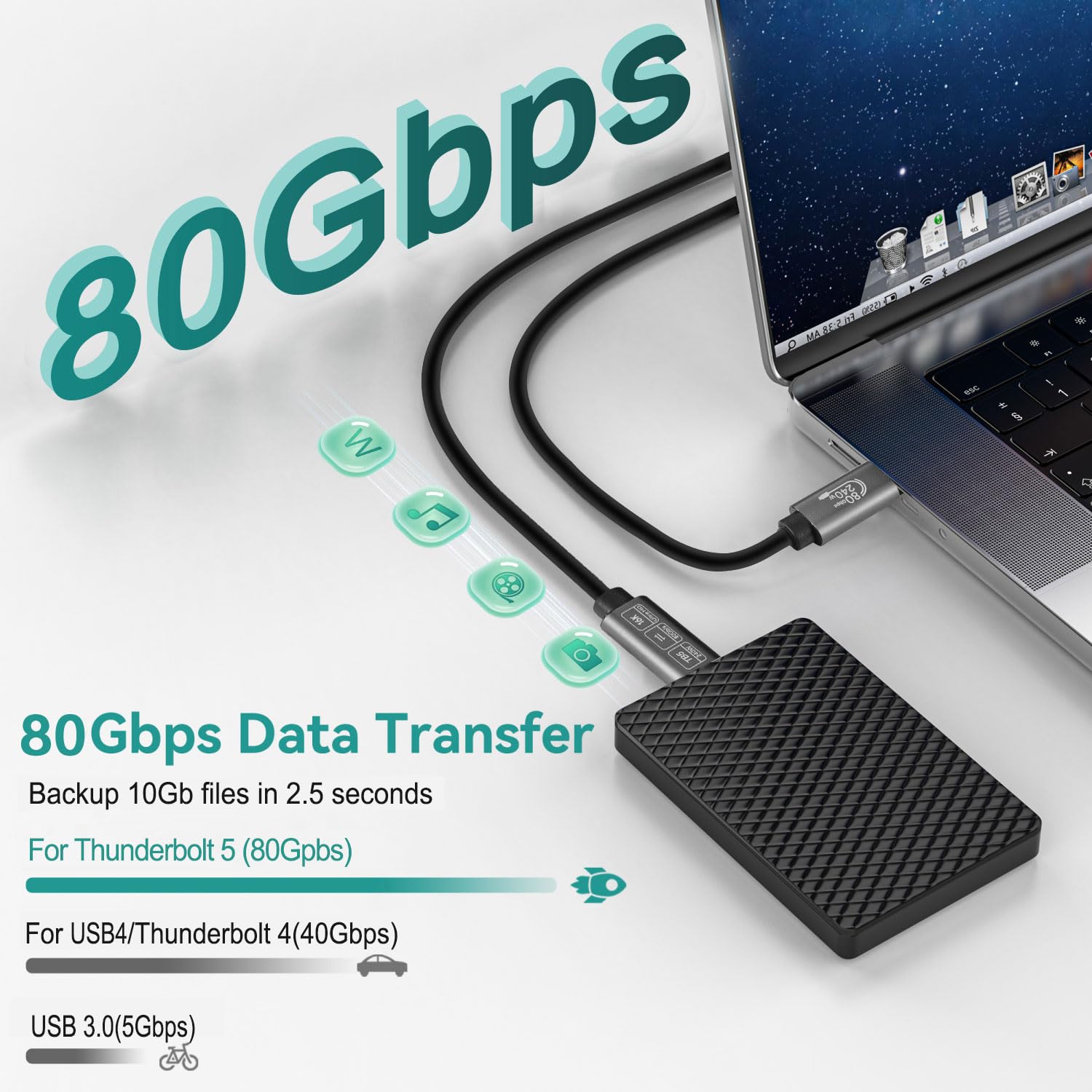 [80Gbps Data Sync] Compatible With Thunderbolt 5 Cable Support 240W Charging And 16K/ 8K Display For Thunderbolt 4/ Usb 4 Monitor, Not Compatible With Docking Stations And Hub, 6Ft