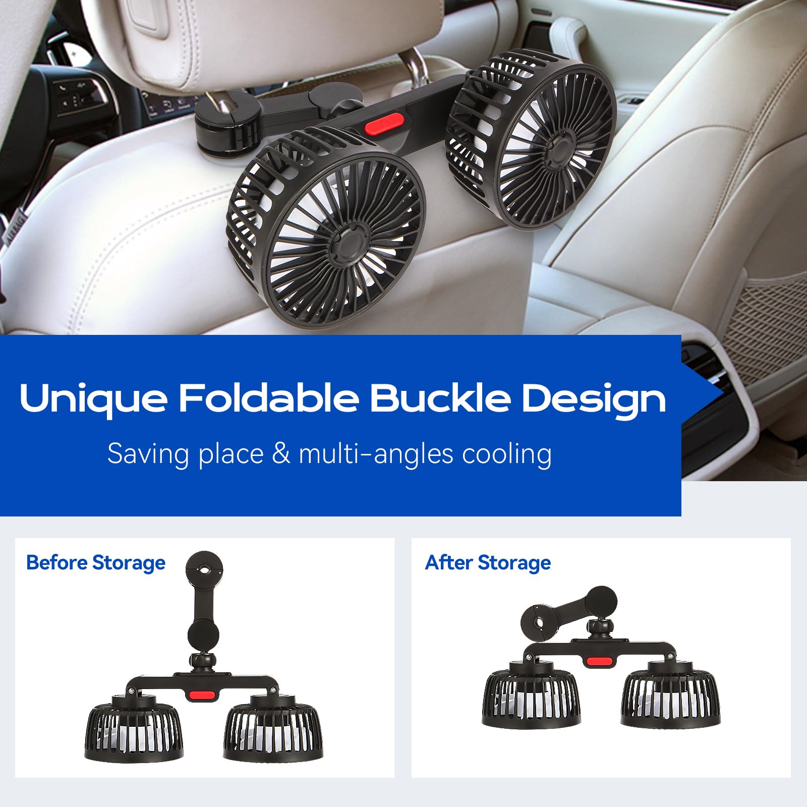 Drosica Car Fan For Backseat Kids, Dual Head Usb Car Seat Fan, 3 Speeds 360 Rotatable Fan For Car, Air Circulation Fan With Adju