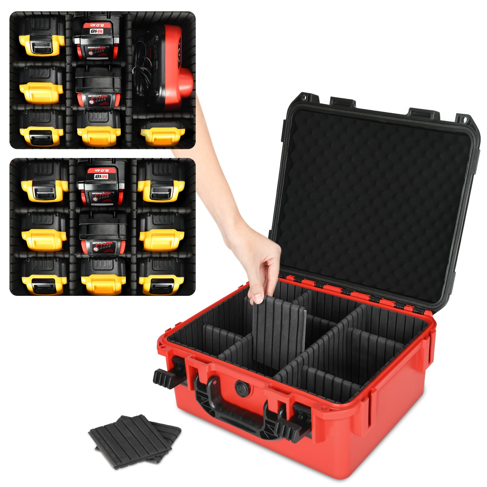 Battery Storage Case For Milwaukee M18: Waterproof Hard Carrying Case Organizer With 9 Divider For Milwaukee M18/M12 Tool Batter