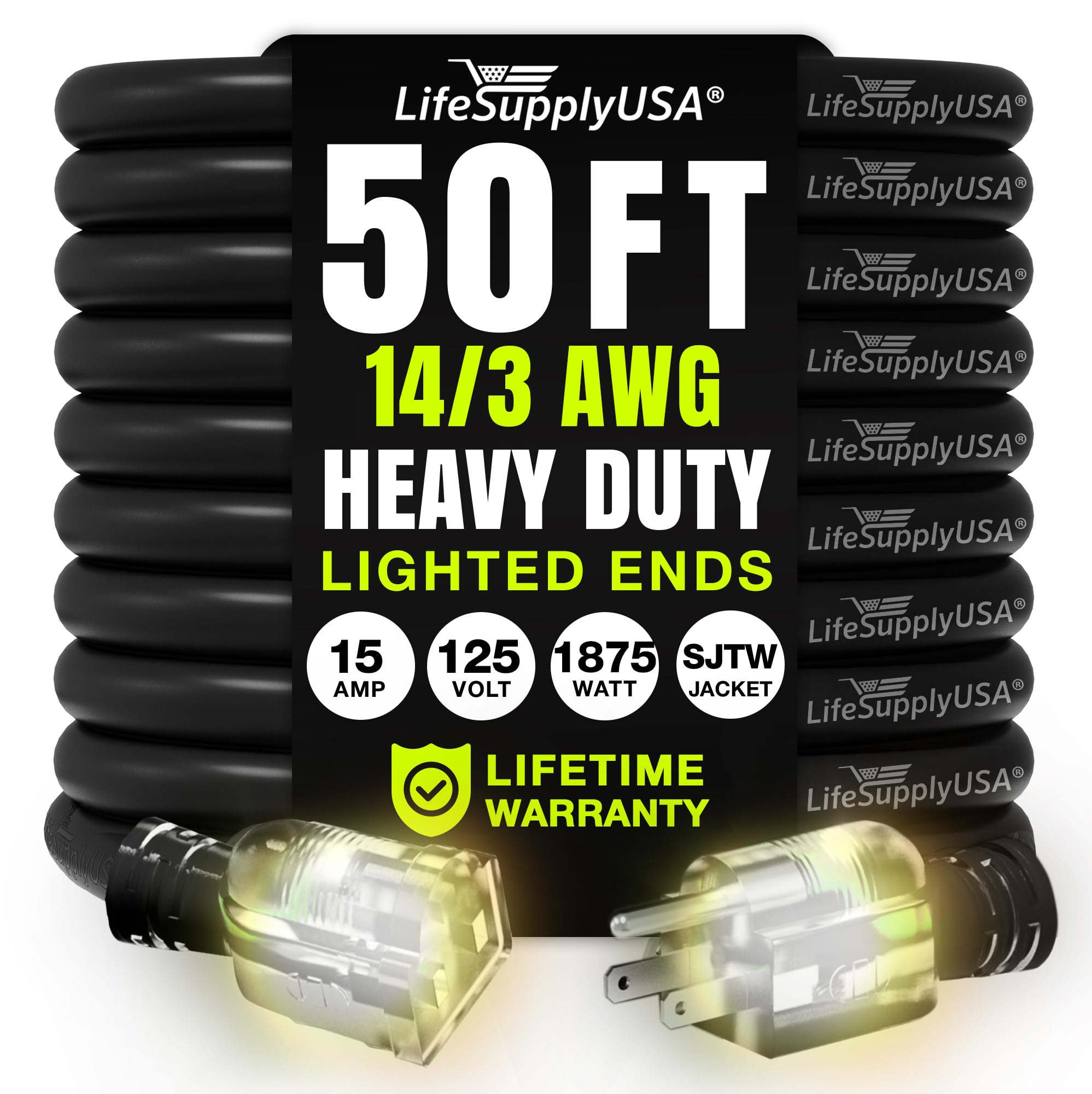Lifesupplyusa 50Ft Outdoor/Indoor Extension Cord 14/3 Gauge Heavy Duty 3 Prong Sjtw, Waterproof, Flexible Cold Resistant Long Po