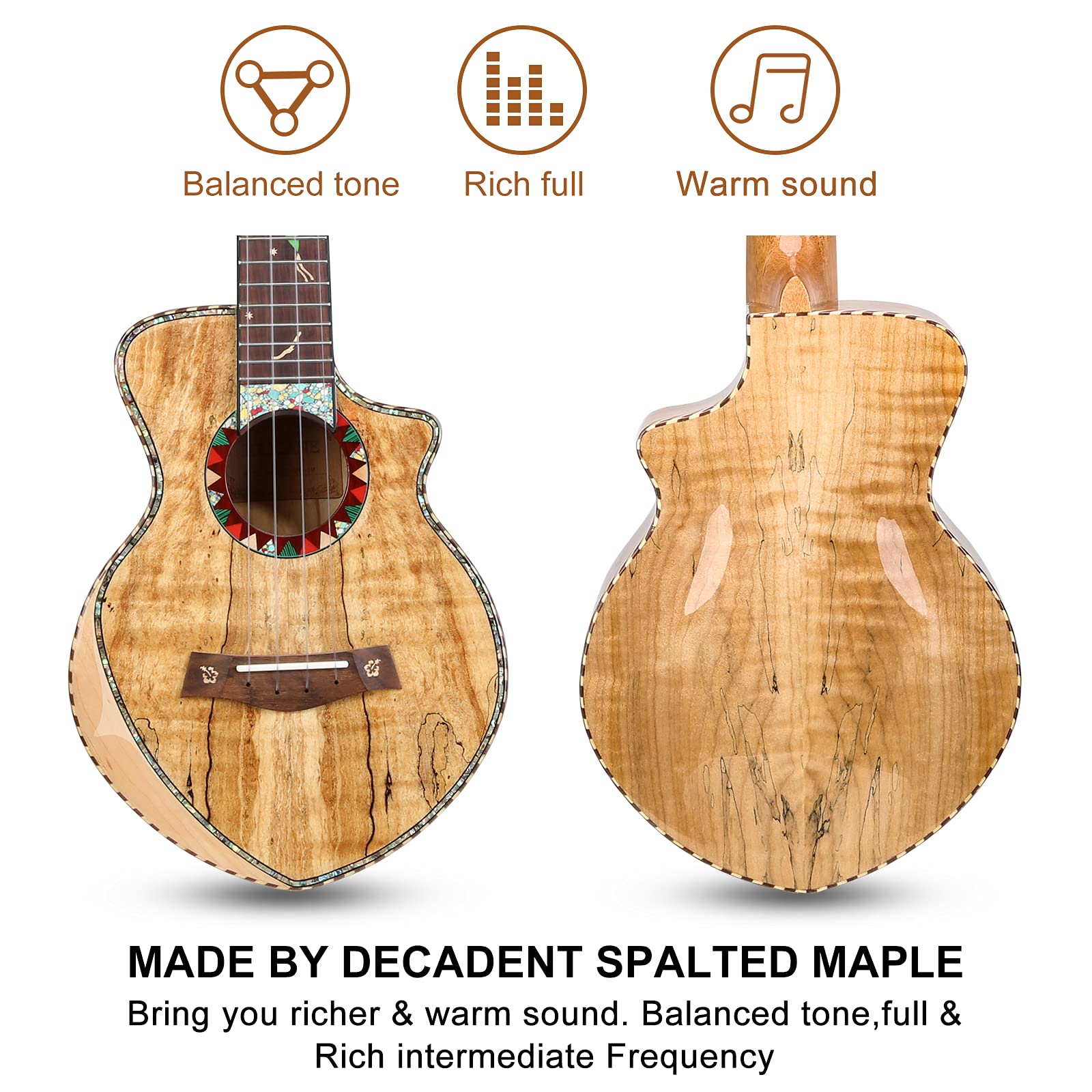 Hricane Concert Ukulele Spalted Maple 23 Inch Ukelele For Beginners, Professional Wood Uke With Glossy Satin Body Ukulele Stater