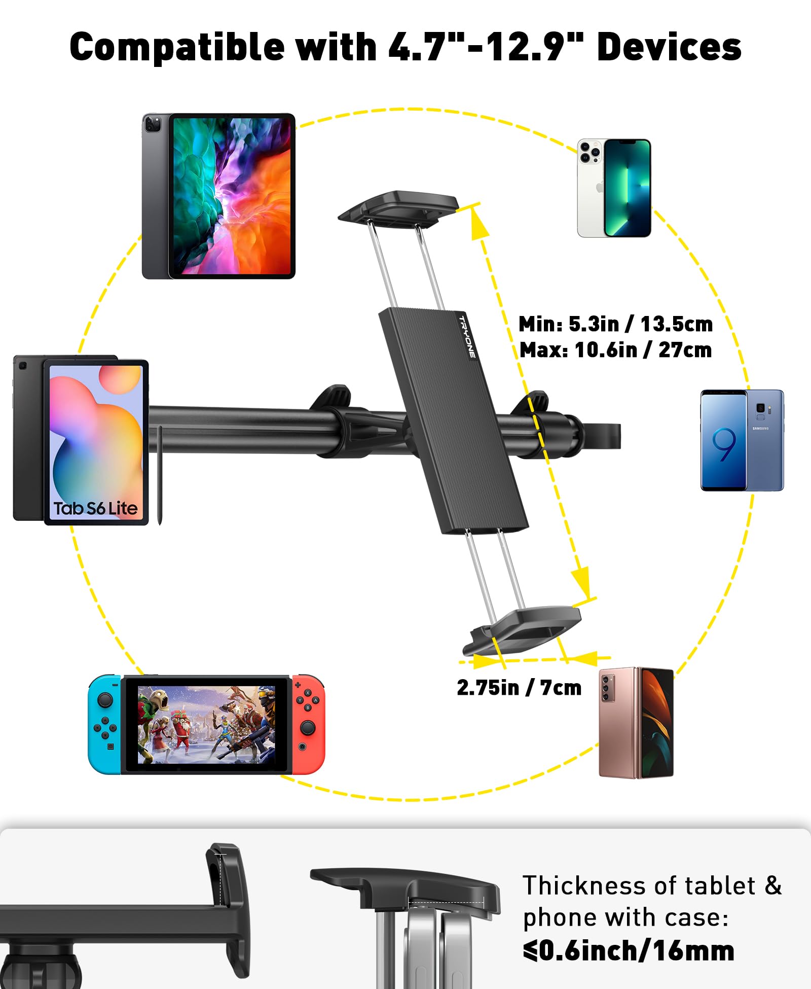 Car Tablet Holder Mount For Ipad: Headrest Tablet Stand For Car Back Seat Compatible With Ipad Pro Air Mini | Galaxy Tab | Kindl