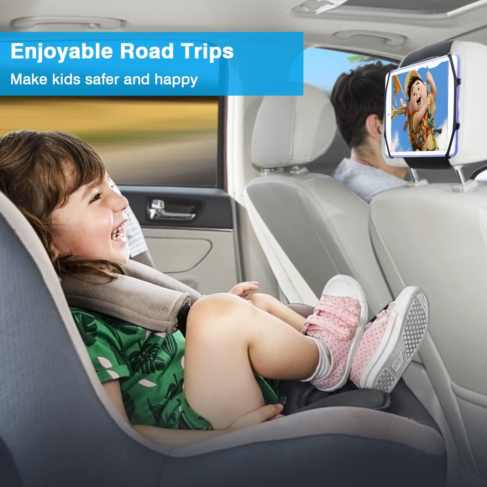 Bigasuo Car Headrest Mount Holder For Kids Tablet Holder For Car Backseat Anti Slip Strap Holding Net Adjustable Angle Seat Moun