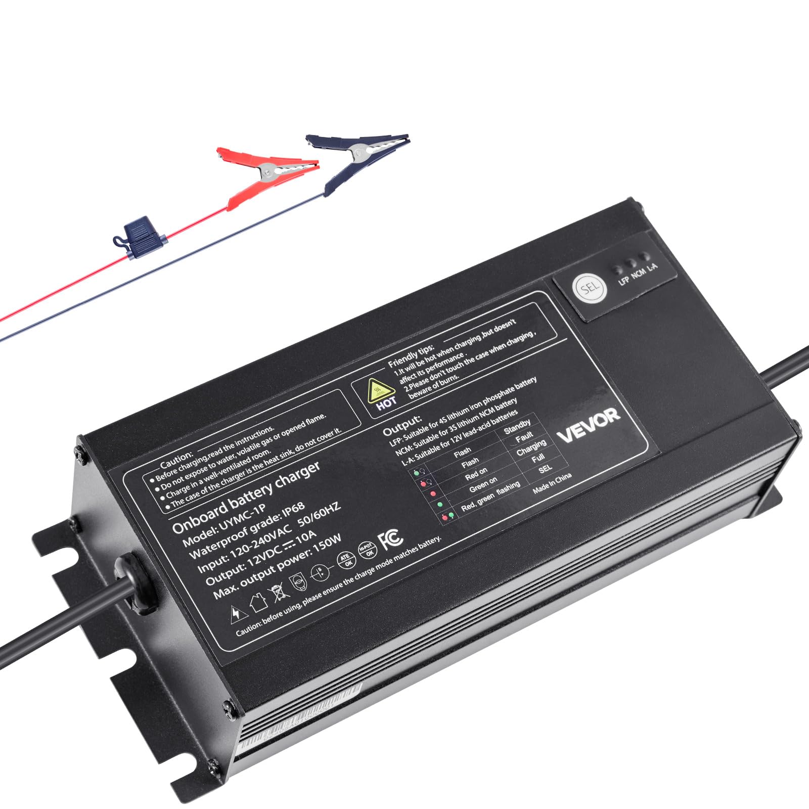 VEVOR Marine Battery Charger, 1-Bank, 10A 12V Onboard Boat Charger, IP68 Waterproof Smart On-Board Battery Charger, for Lithium-