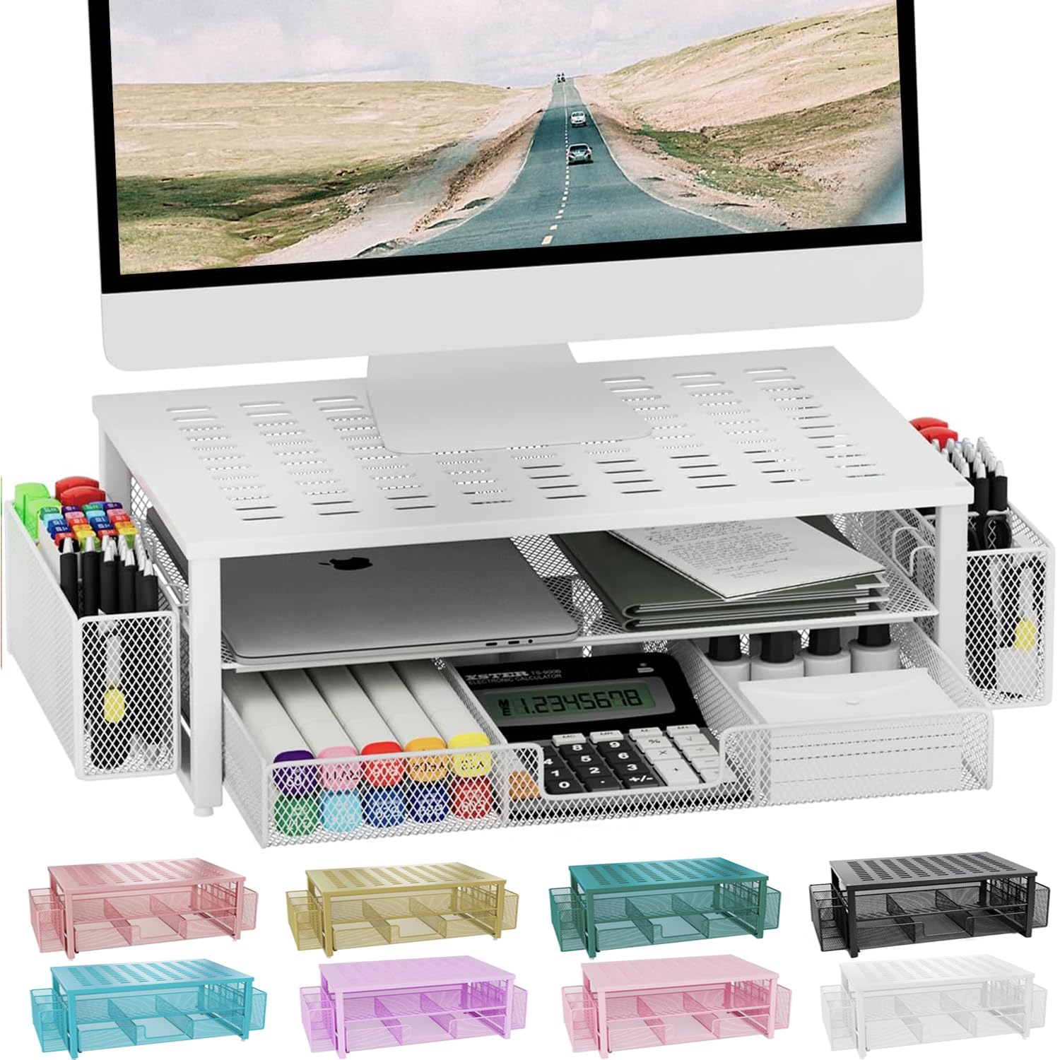 Gianotter Monitor Stand Riser, Desk Organizer With Drawer And Pen Holder, 2 Tier Computer Stand, Desk Accessories & Workspace Or