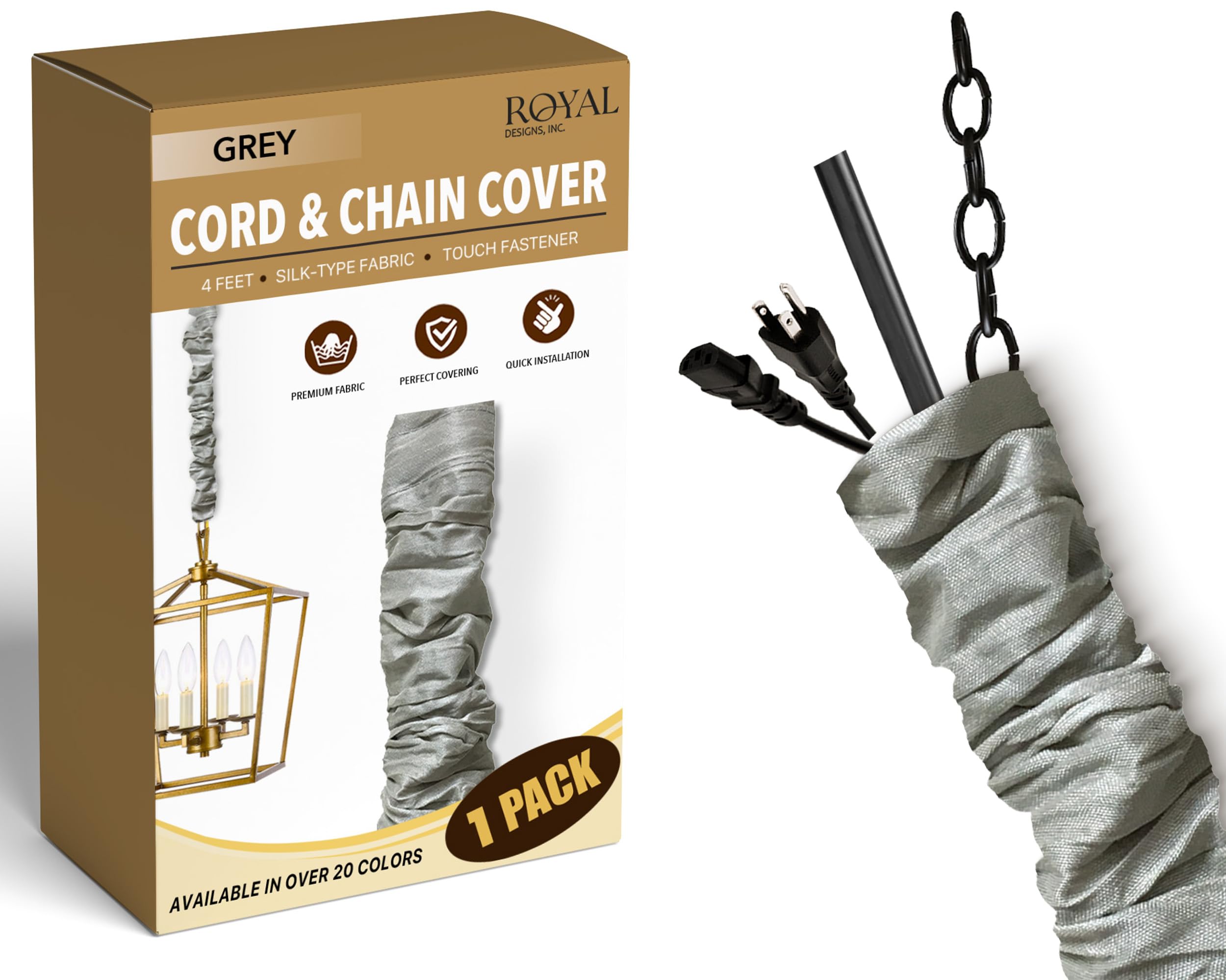 RDI Cord & Chain Cover 4 feet Silk Type Fabric, Chandelier Pendant Lighting Chain & Cable Management, Touch Fastener, Gray - 1 P